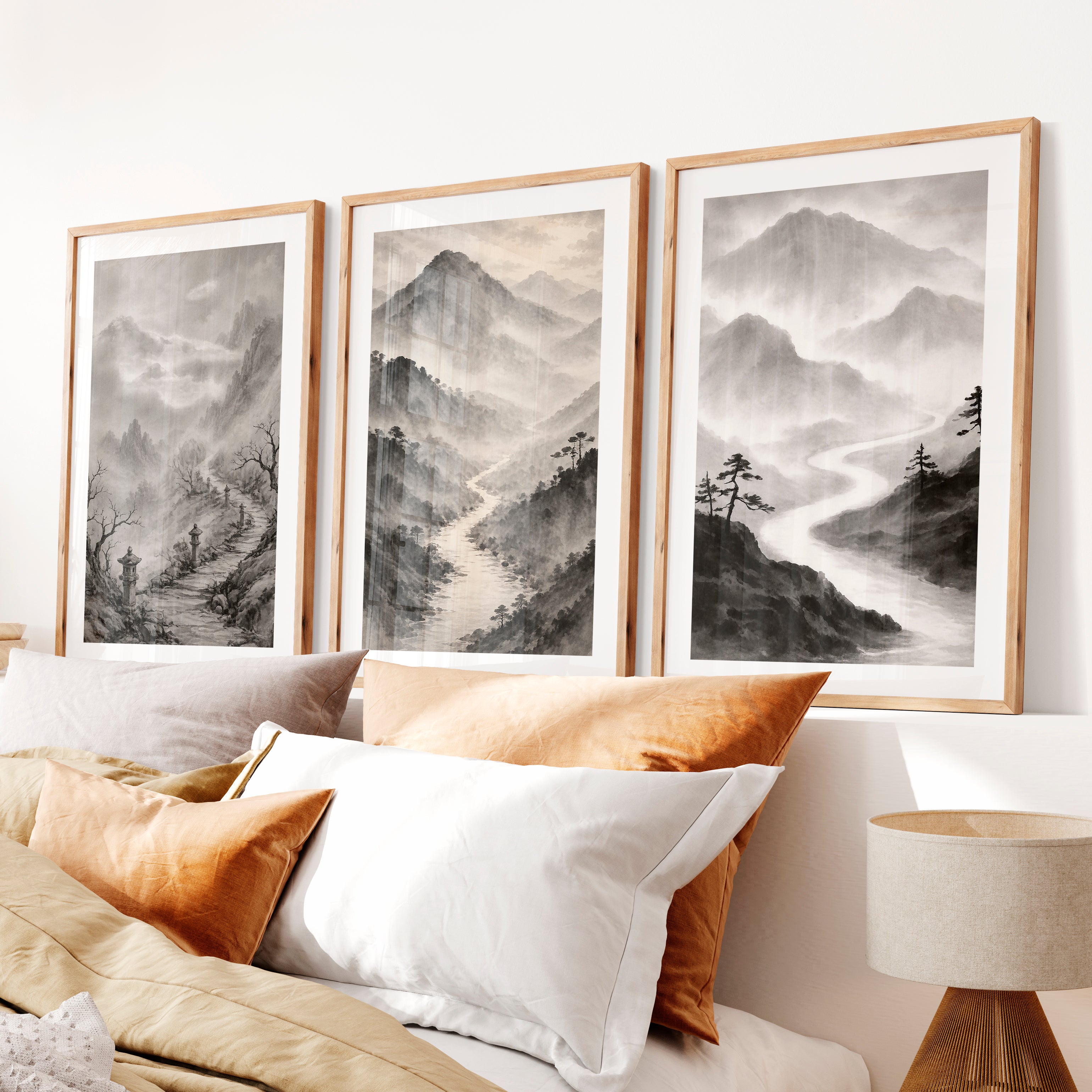 Misty Mountain Path japandi wall art- Natural Wood Framed Poster with White Border - Artworksets