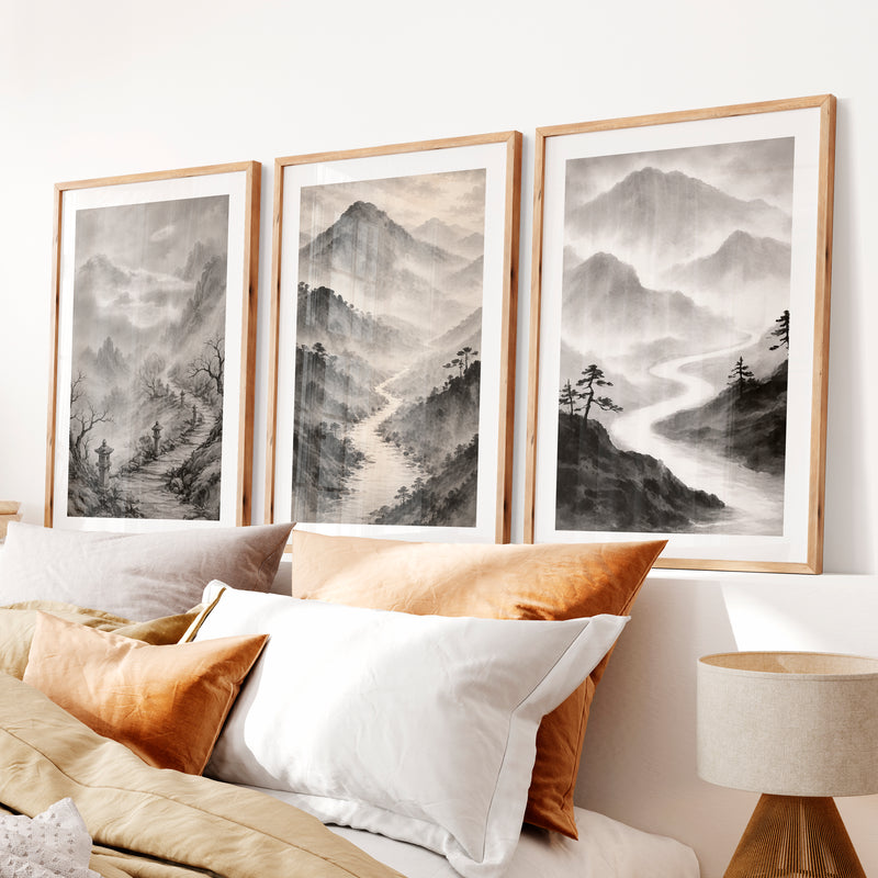Misty Mountain Path japandi wall art- Natural Wood Framed Poster with White Border - Artworksets
