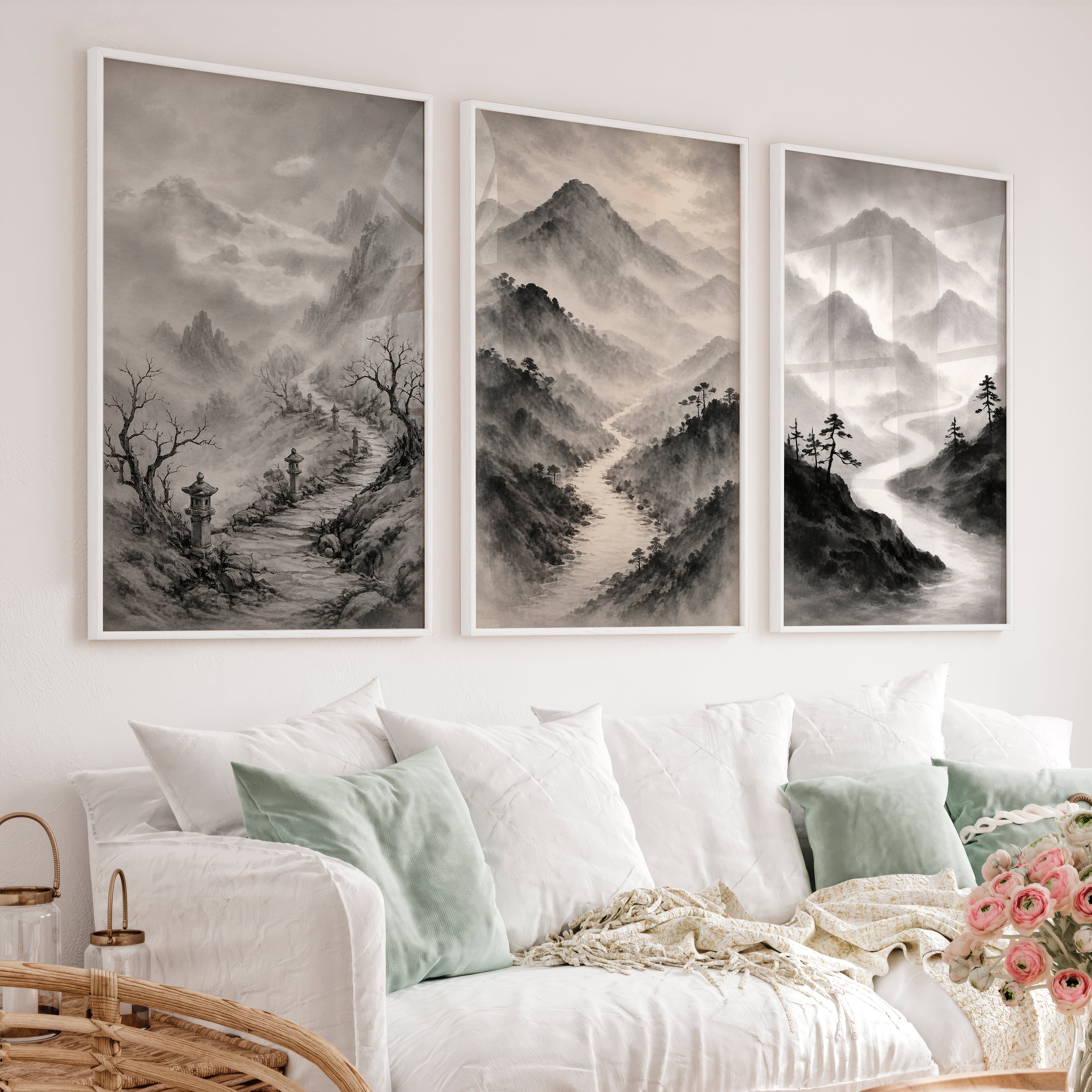 Misty Mountain Path japandi wall art - White Framed Poster No Border - Artworksets