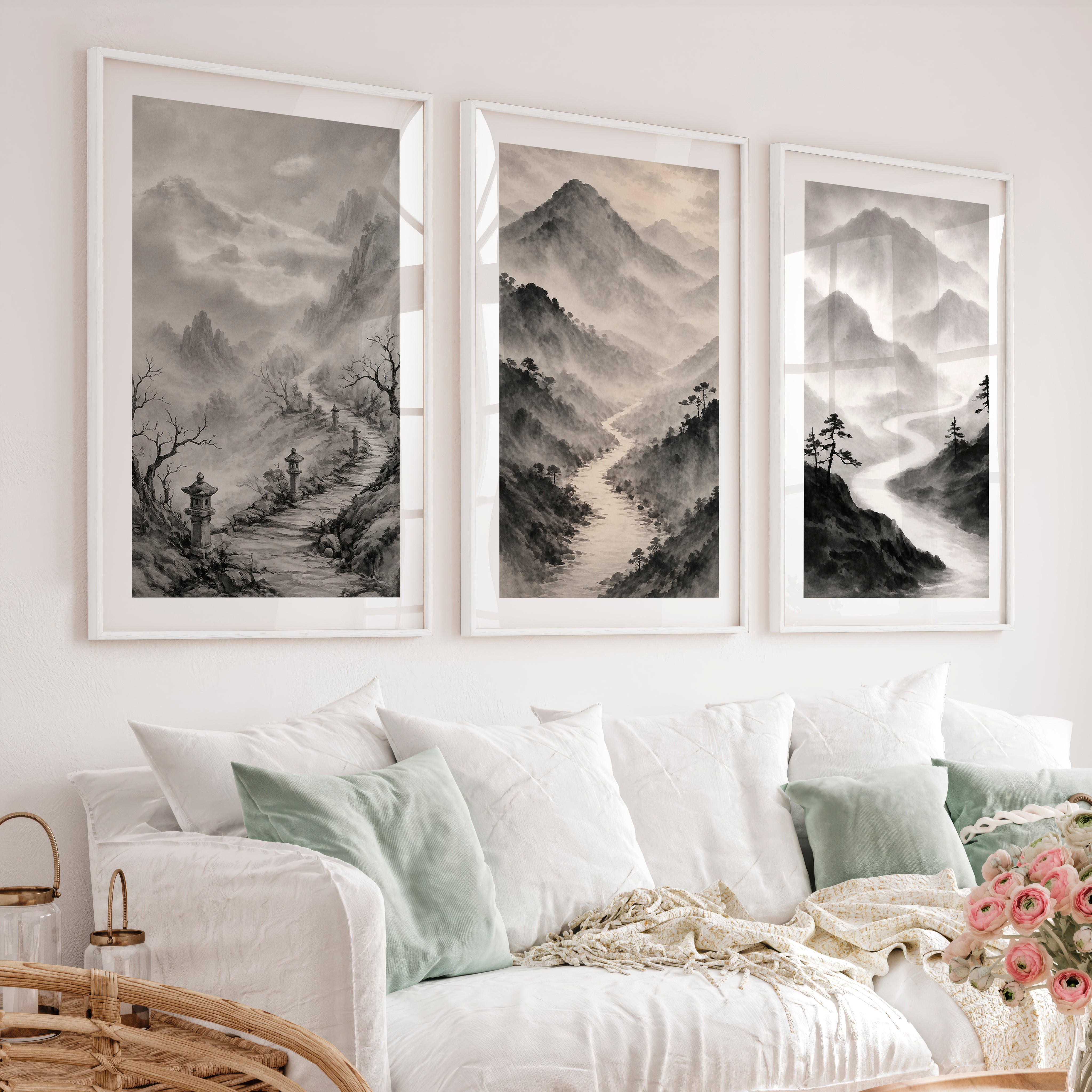 Misty Mountain Path japandi wall art - White Framed Poster with White Border - Artworksets