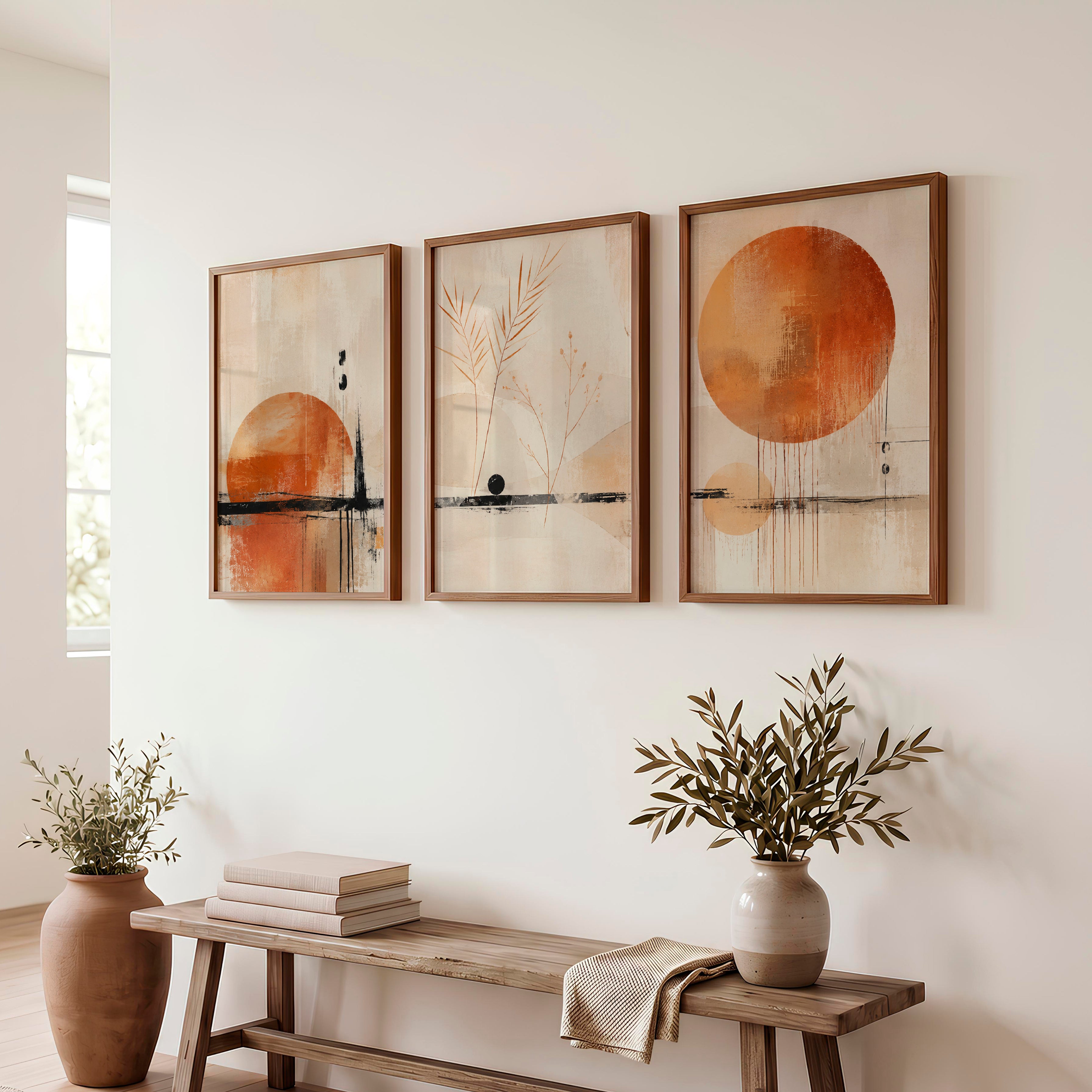 Ochre Horizon japandi wall art - Dark Brown Framed Poster No Border - Artworksets