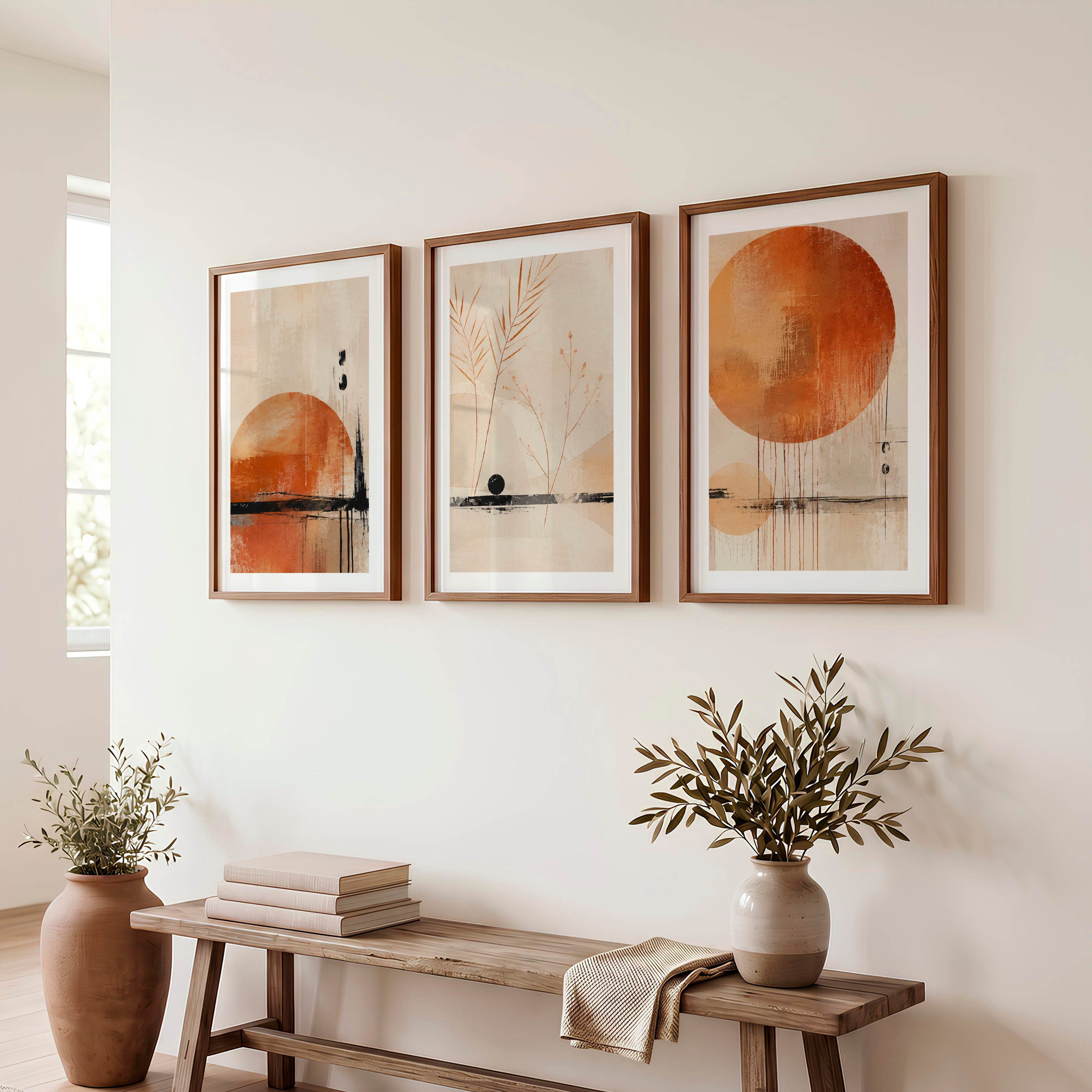 Ochre Horizon japandi wall art - Dark Brown Framed Poster with White Border - Artworksets
