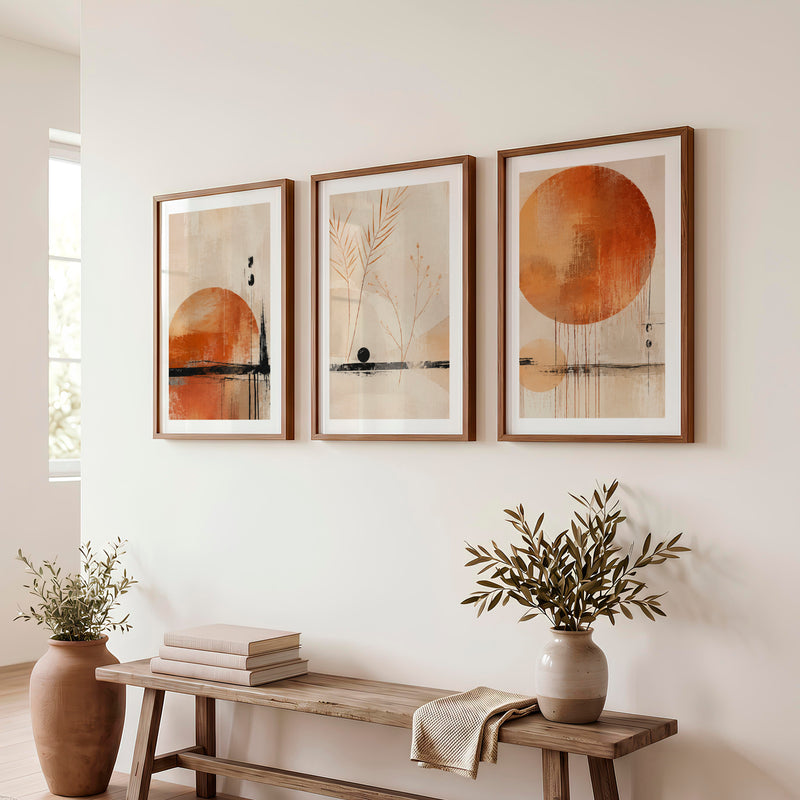 Ochre Horizon japandi wall art - Dark Brown Framed Poster with White Border - Artworksets