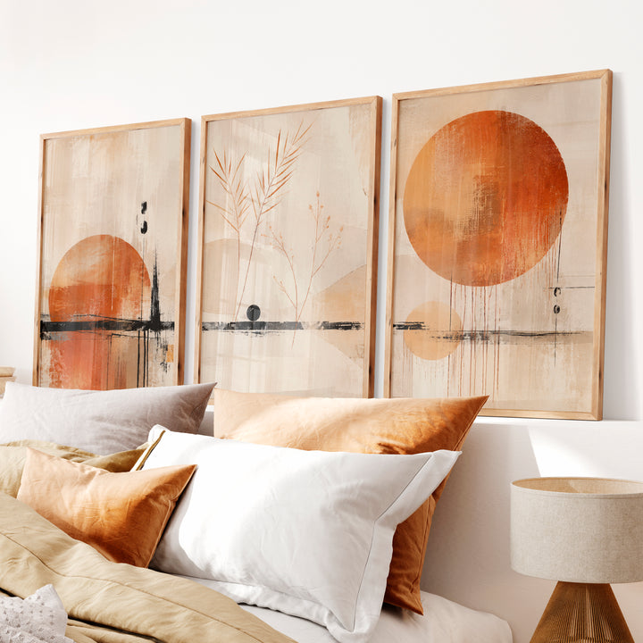 Ochre Horizon japandi wall art - Natural Wood Framed Poster No Border - Artworksets