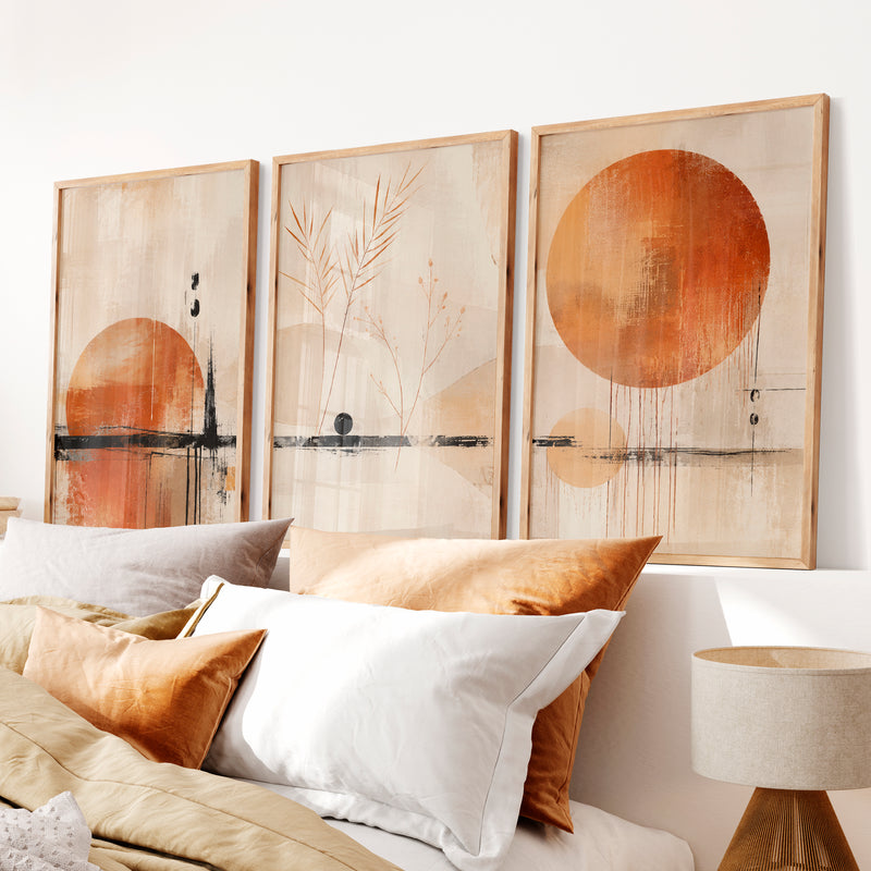 Ochre Horizon japandi wall art - Natural Wood Framed Poster No Border - Artworksets