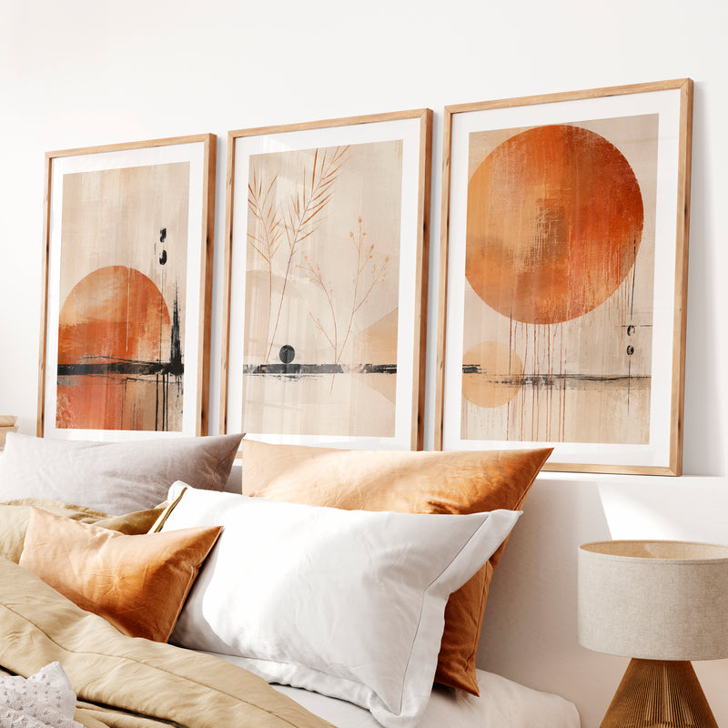 Ochre Horizon japandi wall art- Natural Wood Framed Poster with White Border - Artworksets