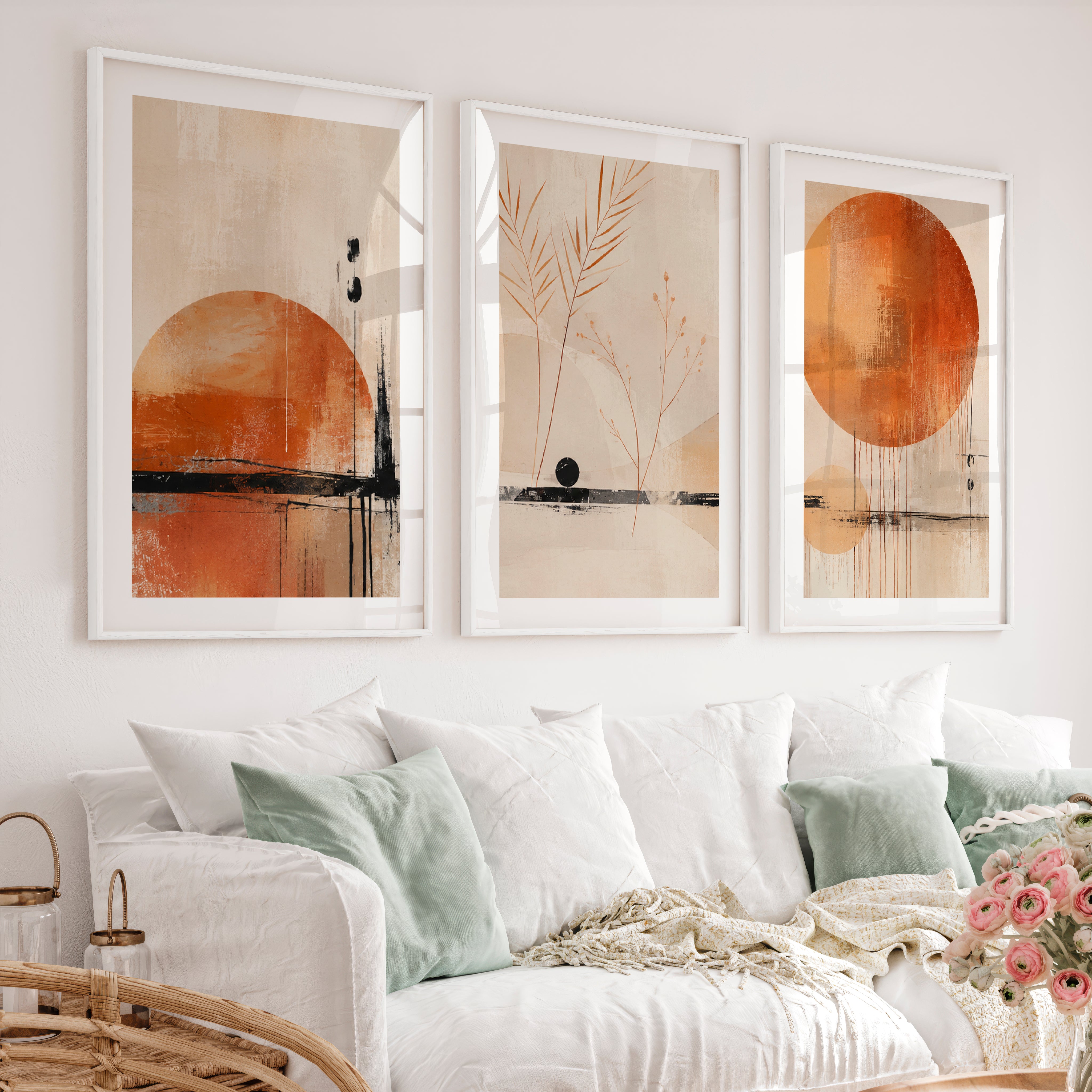 Ochre Horizon japandi wall art - White Framed Poster with White Border - Artworksets