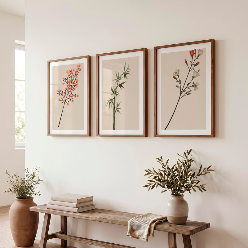 Botanical Stem Collection for Japandi Wall - Dark Brown Framed Poster with White Border - Artworksets
