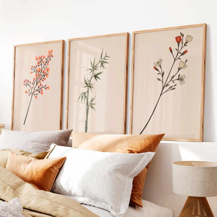 Botanical Stem Collection for Japandi Wall - Natural Wood Framed Poster No Border - Artworksets