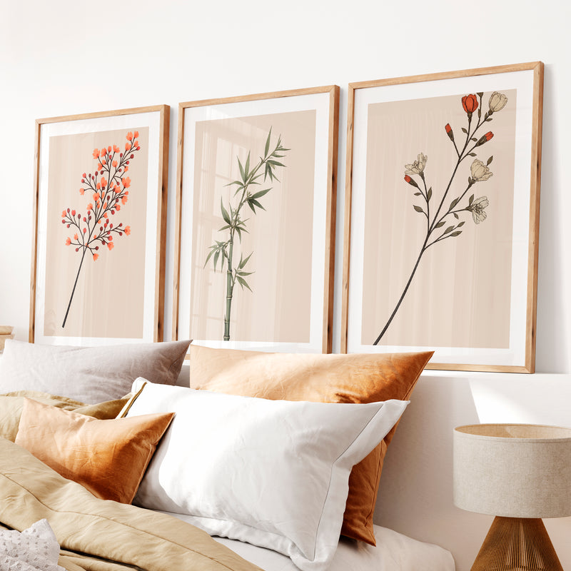 Botanical Stem Collection for Japandi Wall- Natural Wood Framed Poster with White Border - Artworksets