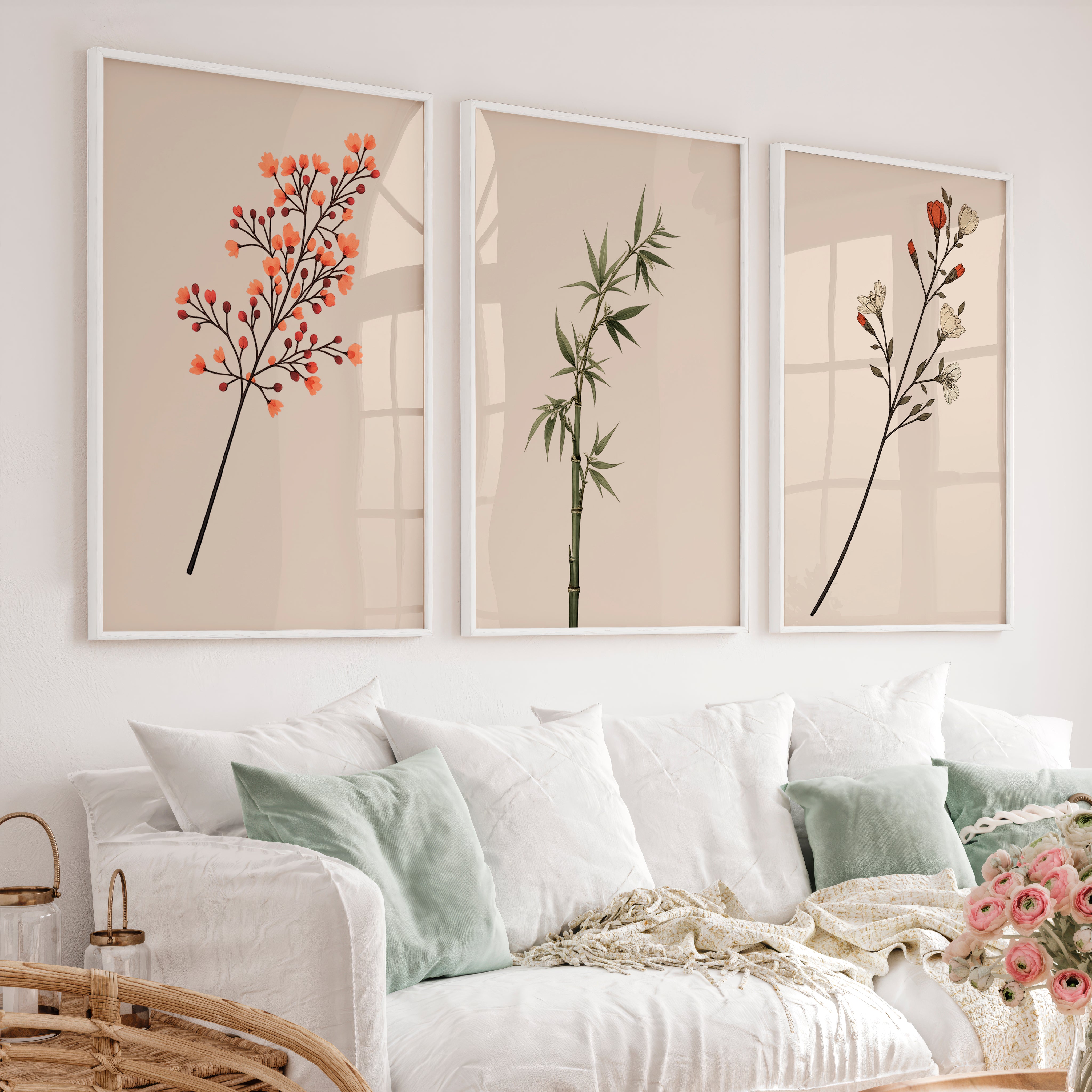 Botanical Stem Collection for Japandi Wall - White Framed Poster No Border - Artworksets