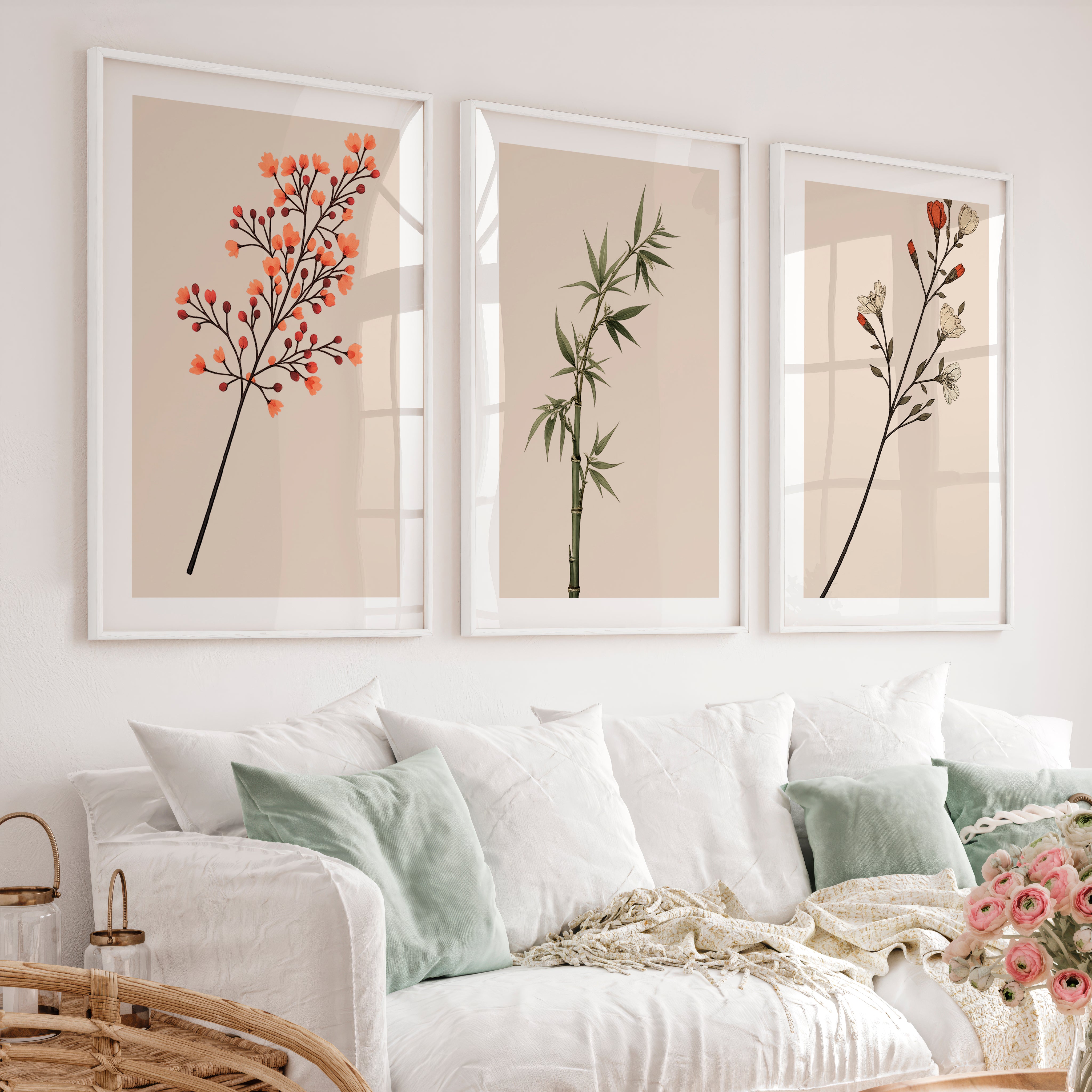 Botanical Stem Collection for Japandi Wall - White Framed Poster with White Border - Artworksets