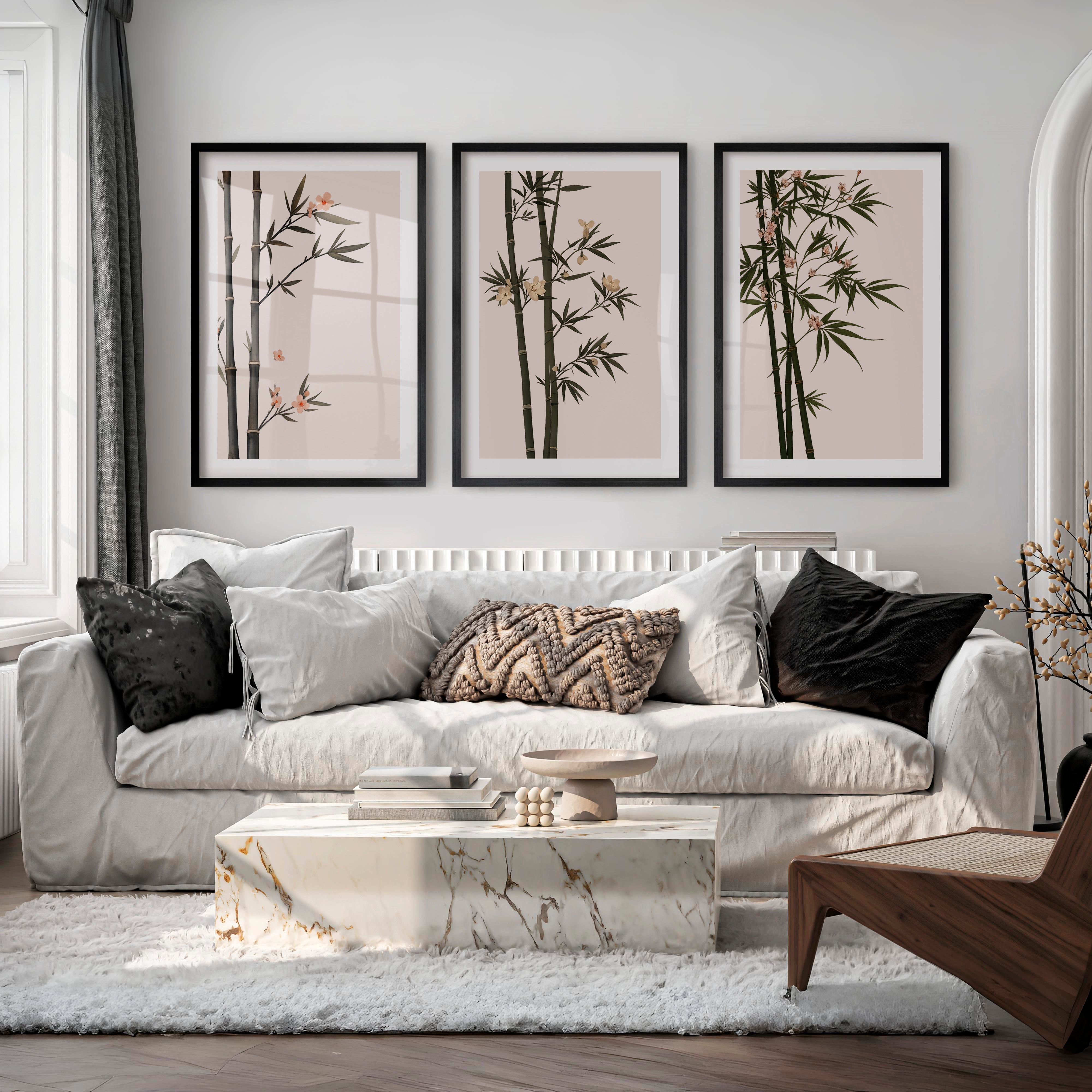 Misty Bamboo japandi wall Art - Black Framed Poster with White Border - Artworksets