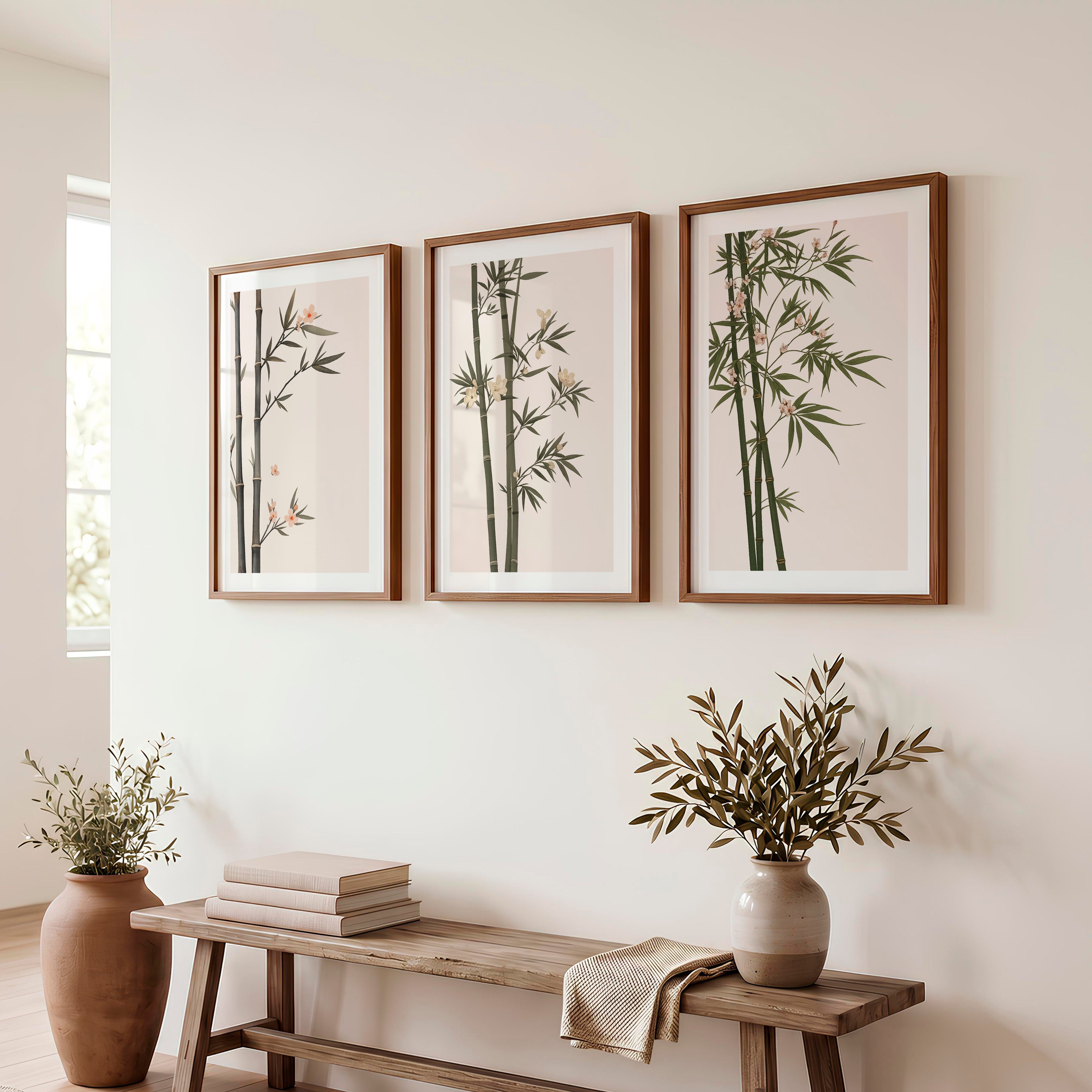 Misty Bamboo japandi wall Art - Dark Brown Framed Poster with White Border - Artworksets