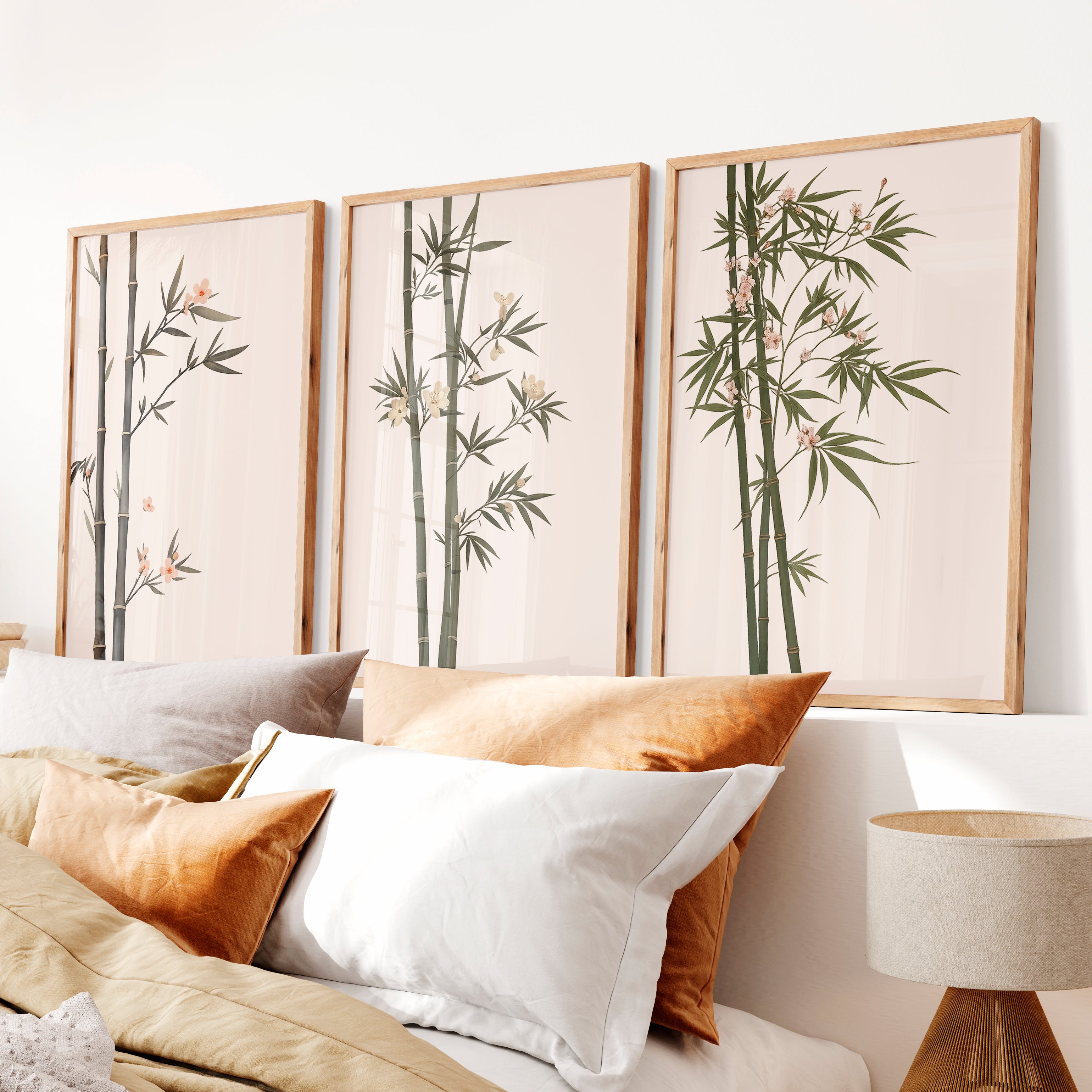 Misty Bamboo japandi wall Art - Natural Wood Framed Poster No Border - Artworksets