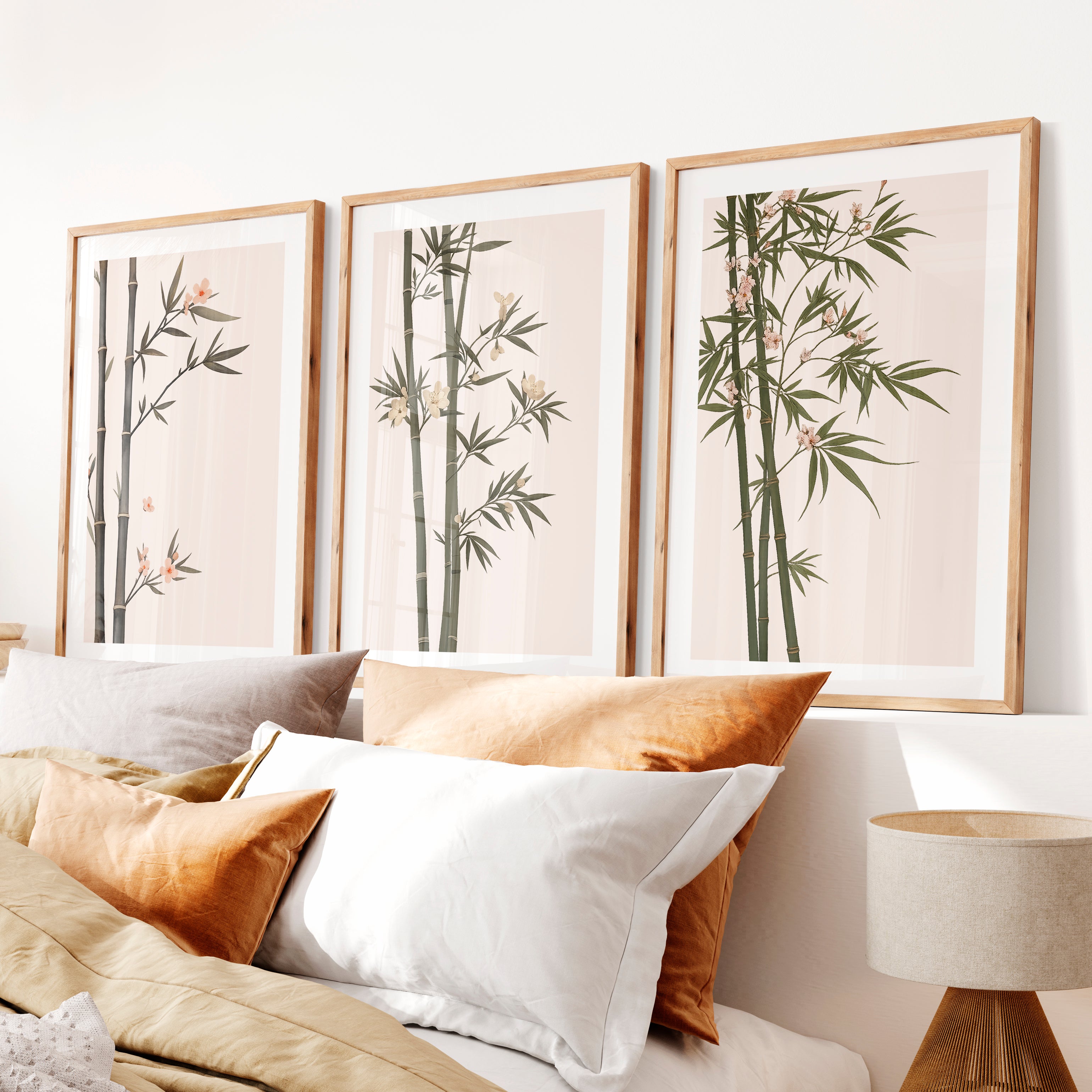 Misty Bamboo japandi wall Art- Natural Wood Framed Poster with White Border - Artworksets