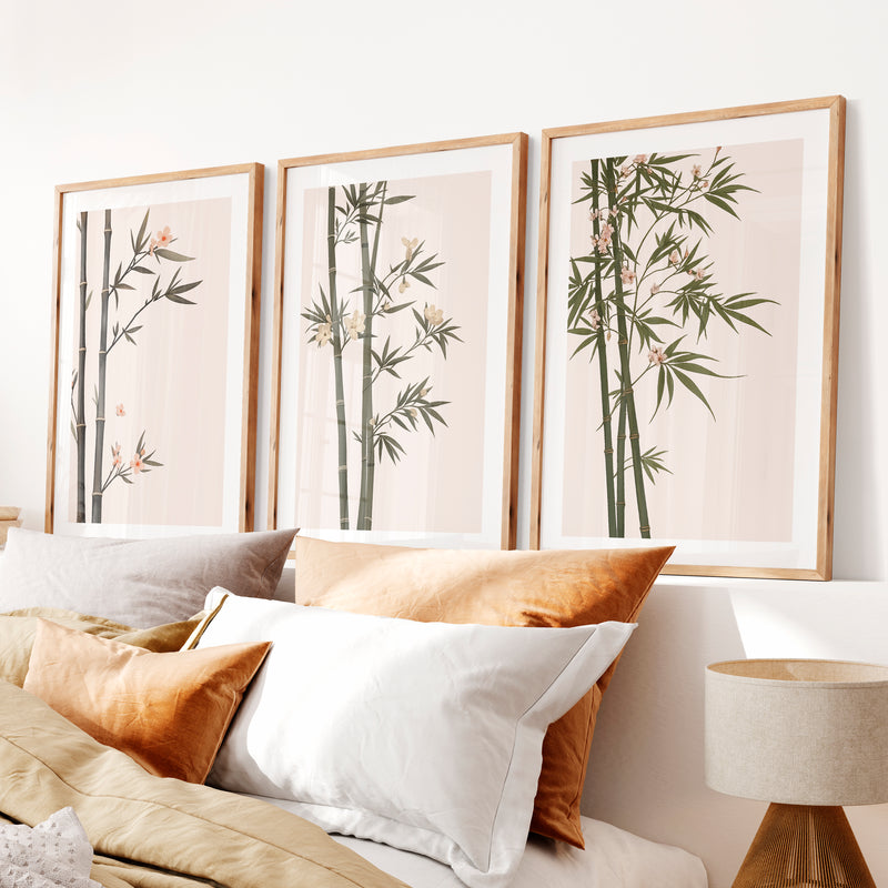 Misty Bamboo japandi wall Art- Natural Wood Framed Poster with White Border - Artworksets
