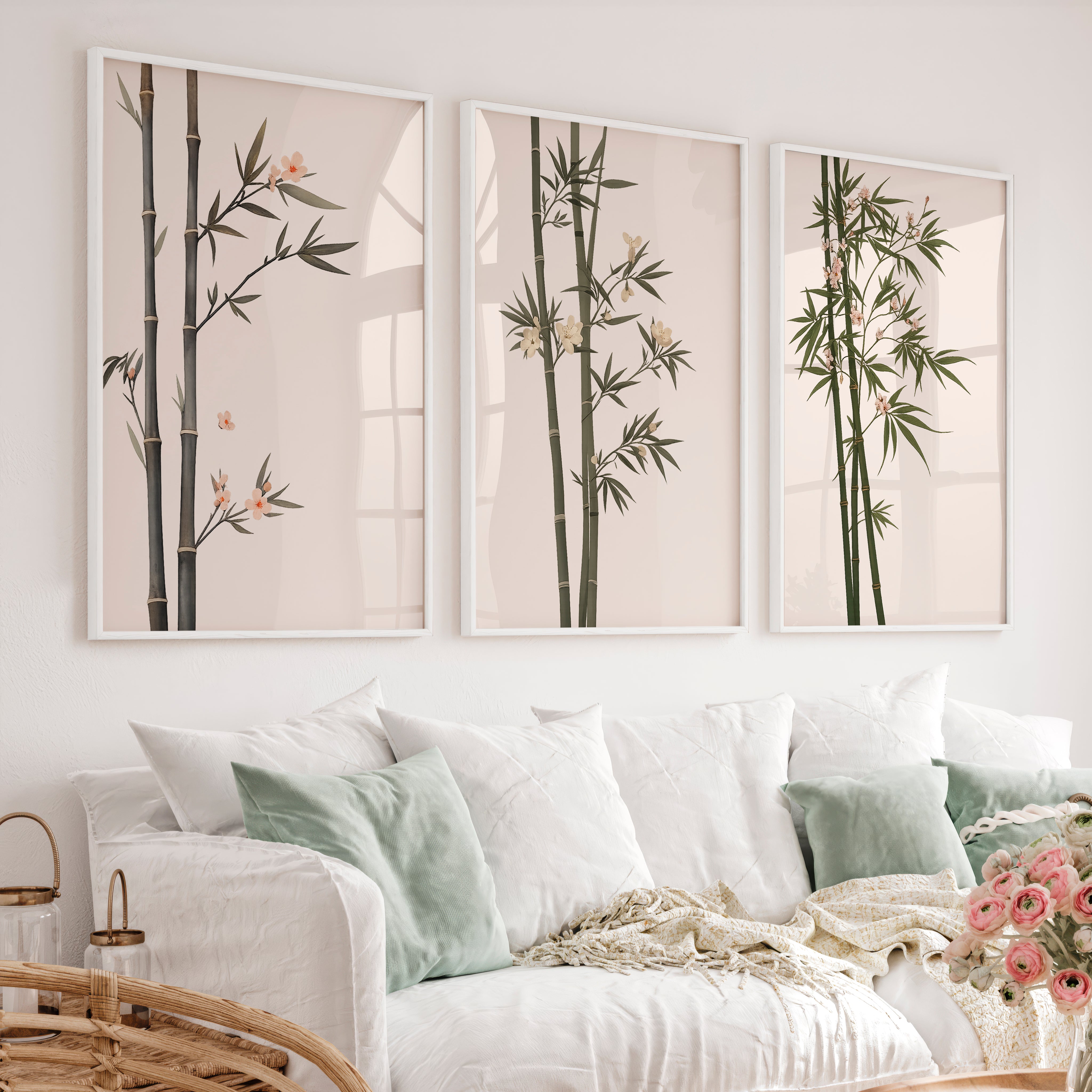 Misty Bamboo japandi wall Art - White Framed Poster No Border - Artworksets