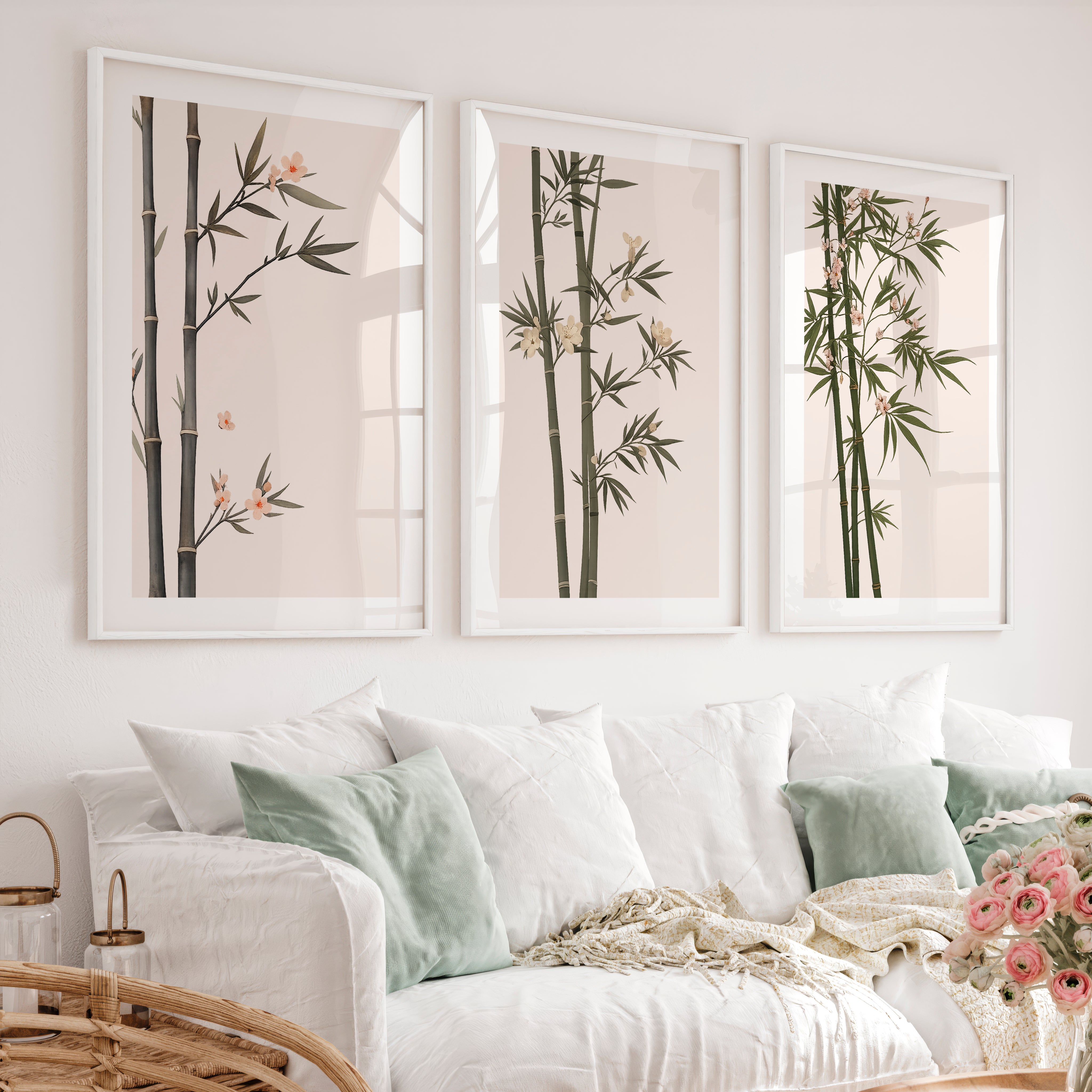 Misty Bamboo japandi wall Art - White Framed Poster with White Border - Artworksets