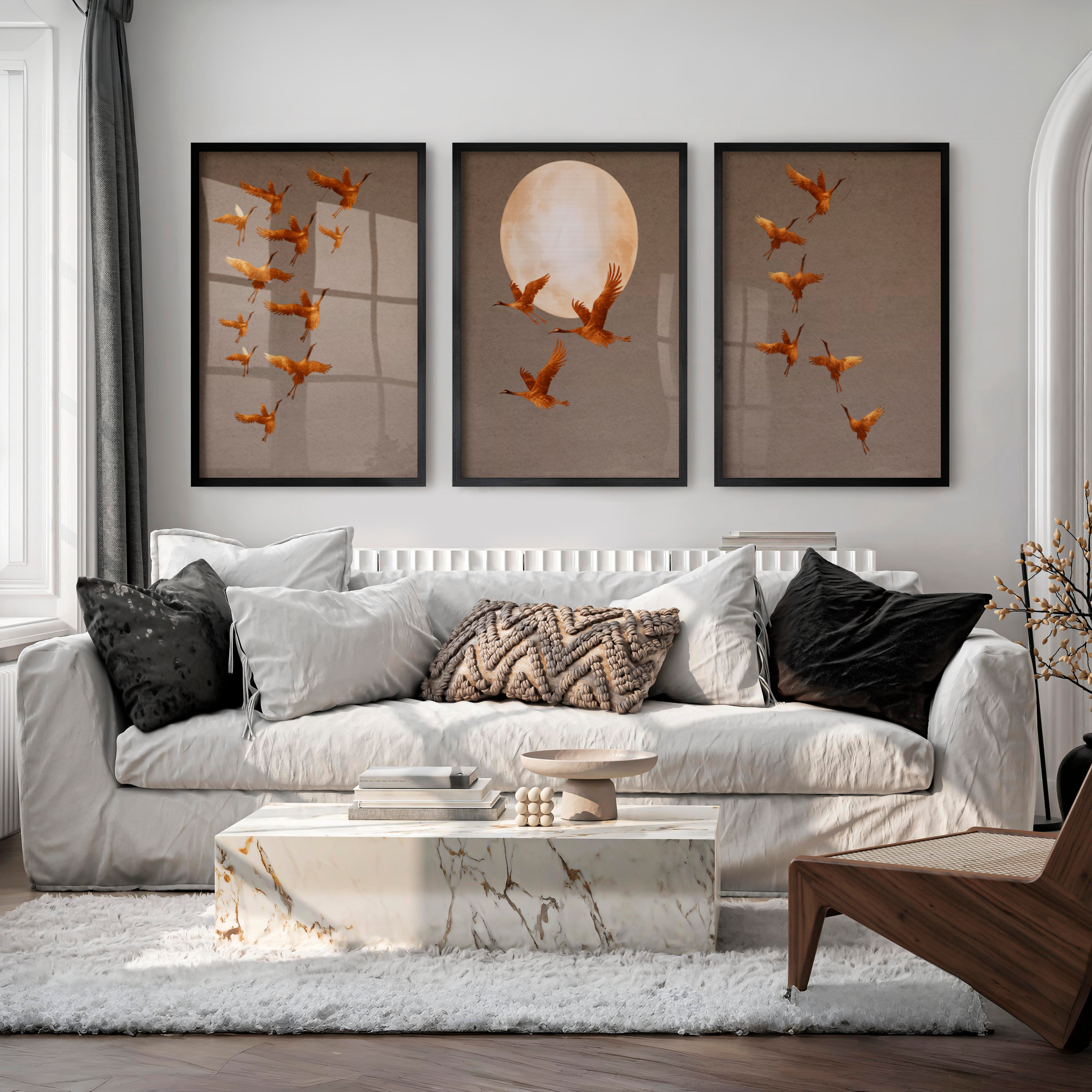 Golden Crane Flight japandi wall decor - Black Framed Poster No Border - Artworksets