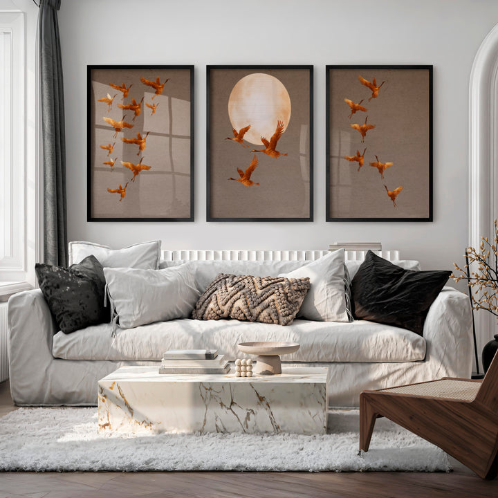 Golden Crane Flight japandi wall decor - Black Framed Poster No Border - Artworksets