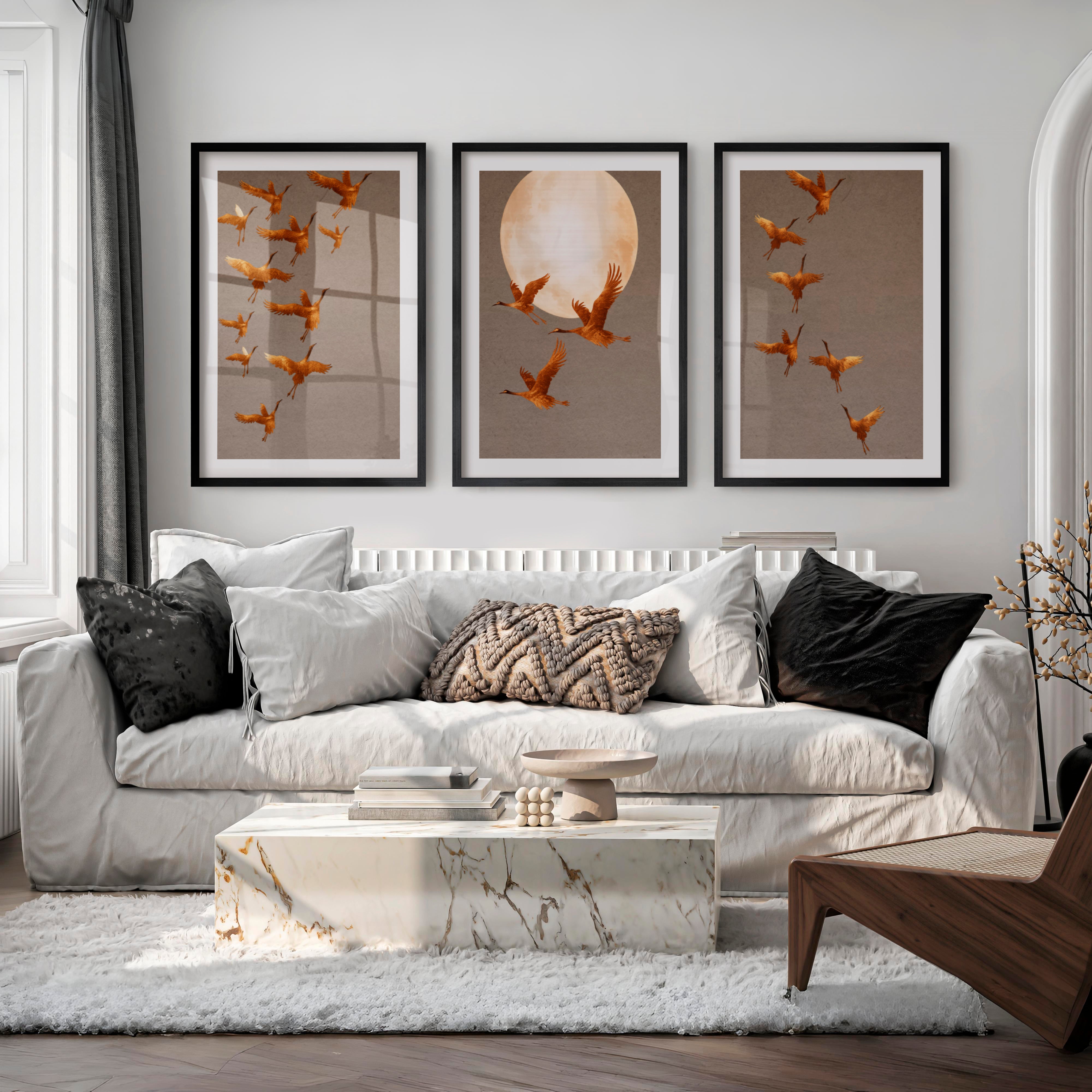 Golden Crane Flight japandi wall decor - Black Framed Poster with White Border - Artworksets