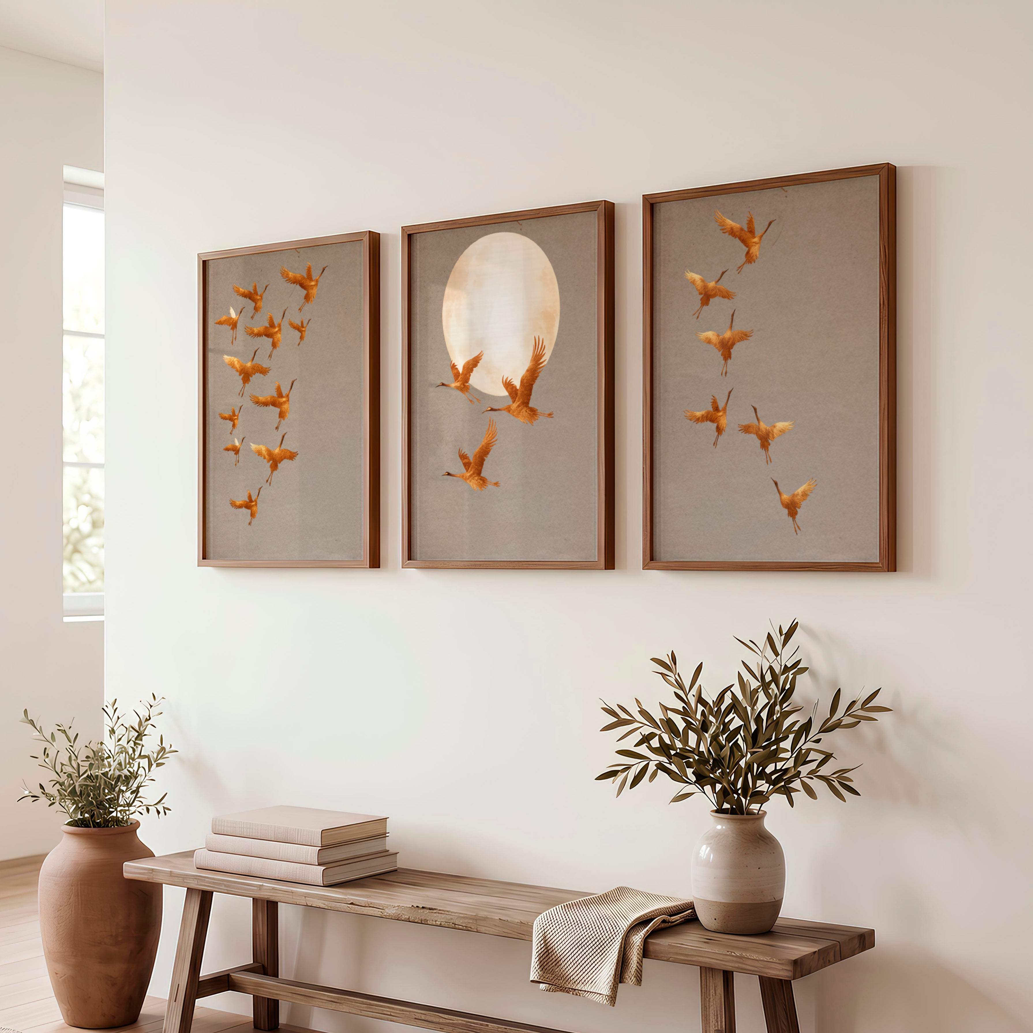 Golden Crane Flight japandi wall decor - Dark Brown Framed Poster No Border - Artworksets