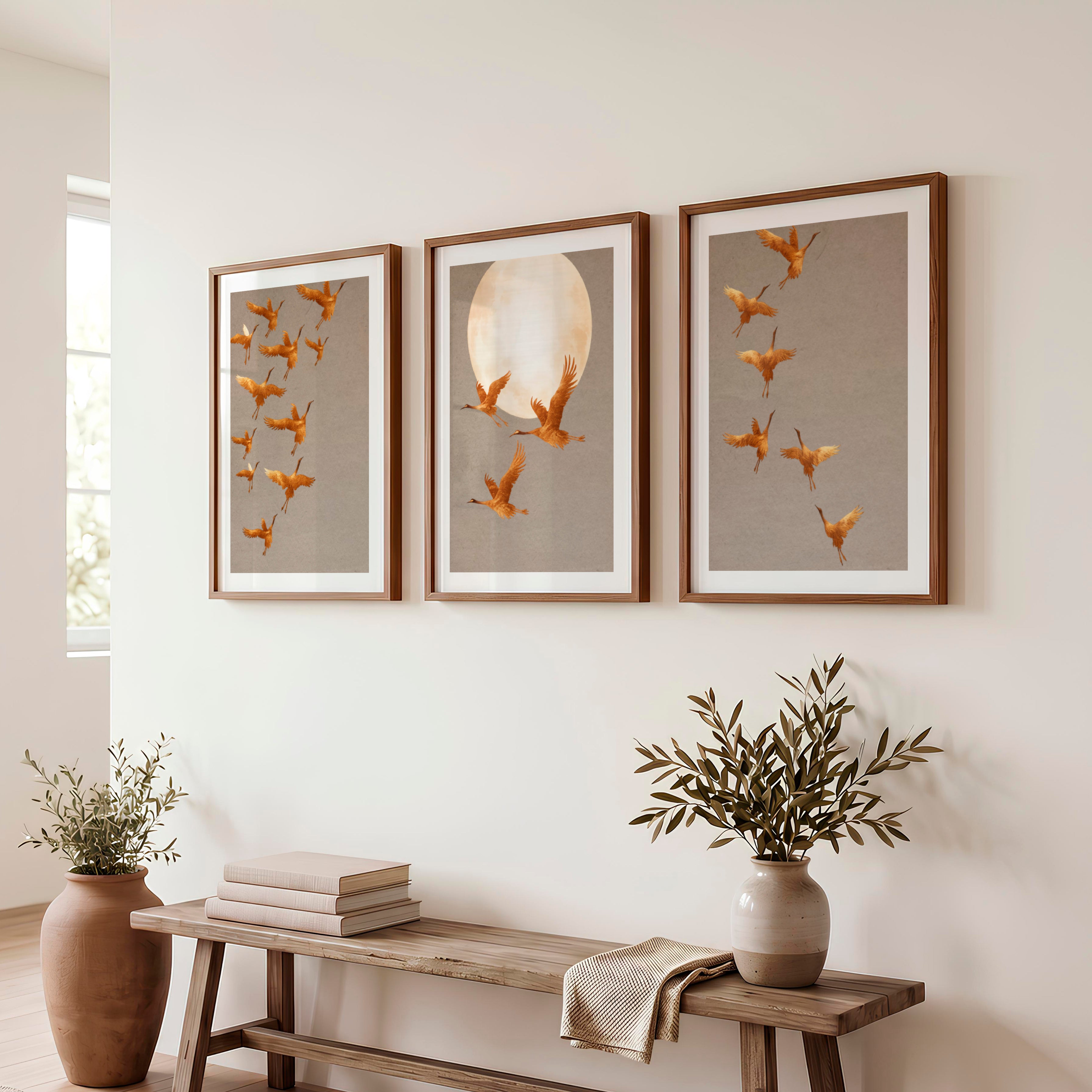 Golden Crane Flight japandi wall decor - Dark Brown Framed Poster with White Border - Artworksets