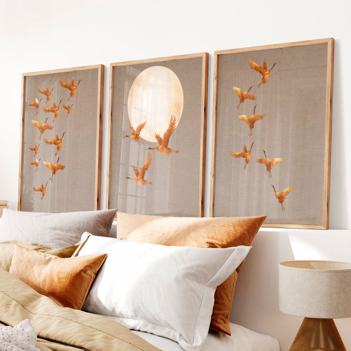 Golden Crane Flight japandi wall decor - Natural Wood Framed Poster No Border - Artworksets