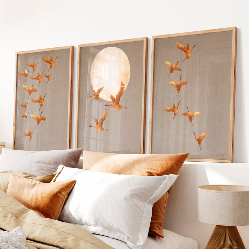 Golden Crane Flight japandi wall decor - Natural Wood Framed Poster No Border - Artworksets