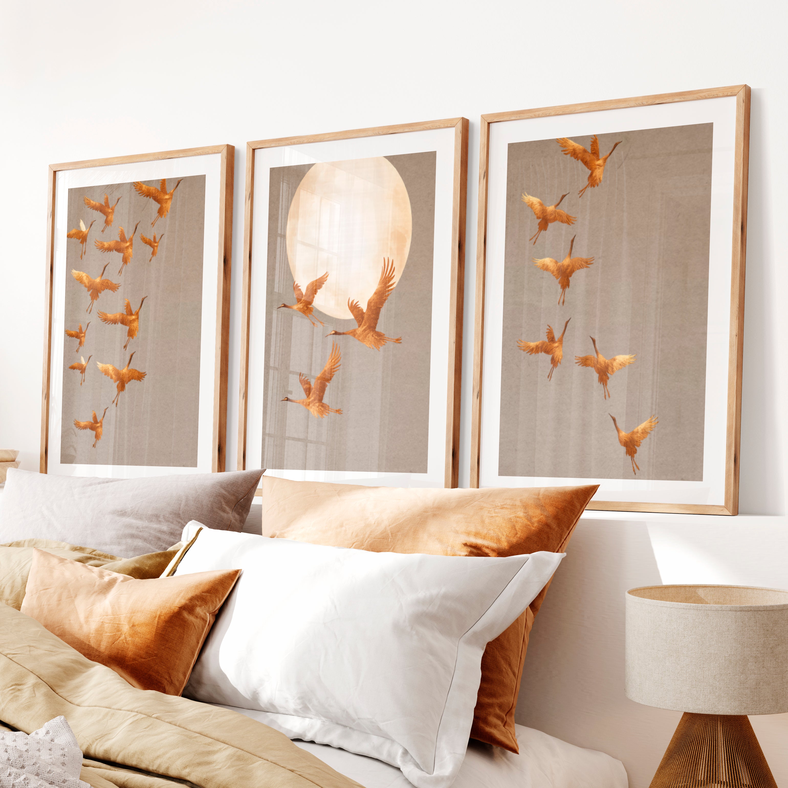 Golden Crane Flight japandi wall decor- Natural Wood Framed Poster with White Border - Artworksets