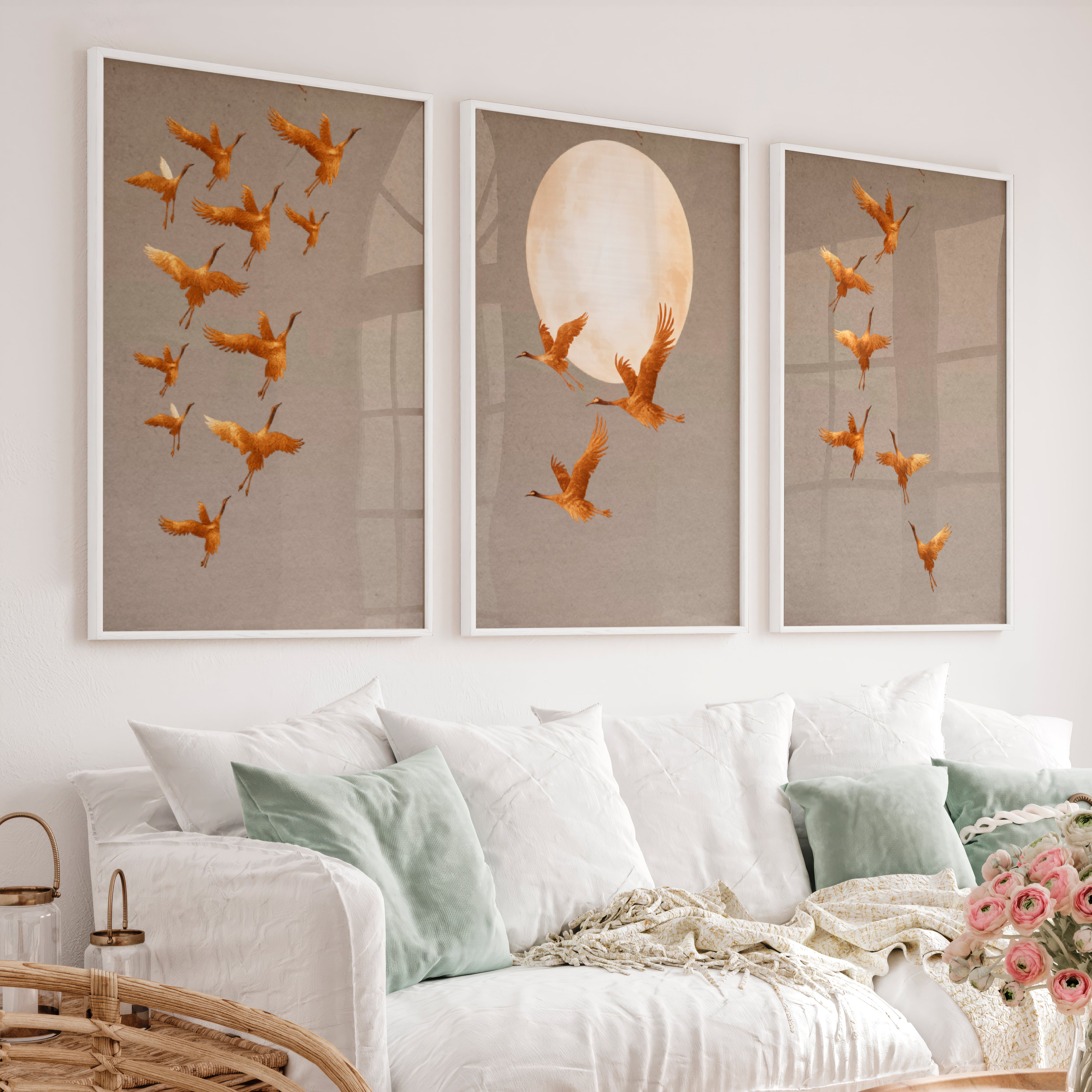 Golden Crane Flight japandi wall decor - White Framed Poster No Border - Artworksets