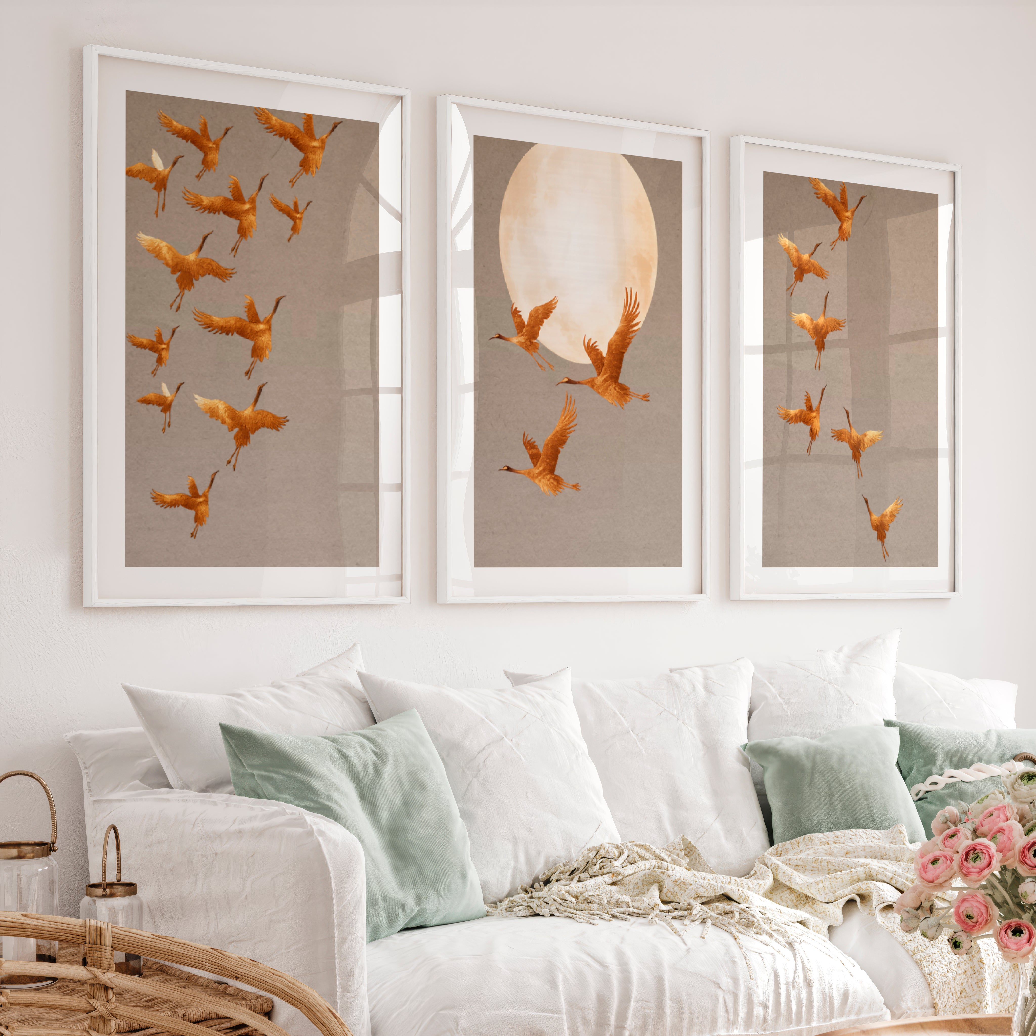 Golden Crane Flight japandi wall decor - White Framed Poster with White Border - Artworksets