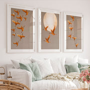 Golden Crane Flight japandi wall decor - White Framed Poster with White Border - Artworksets