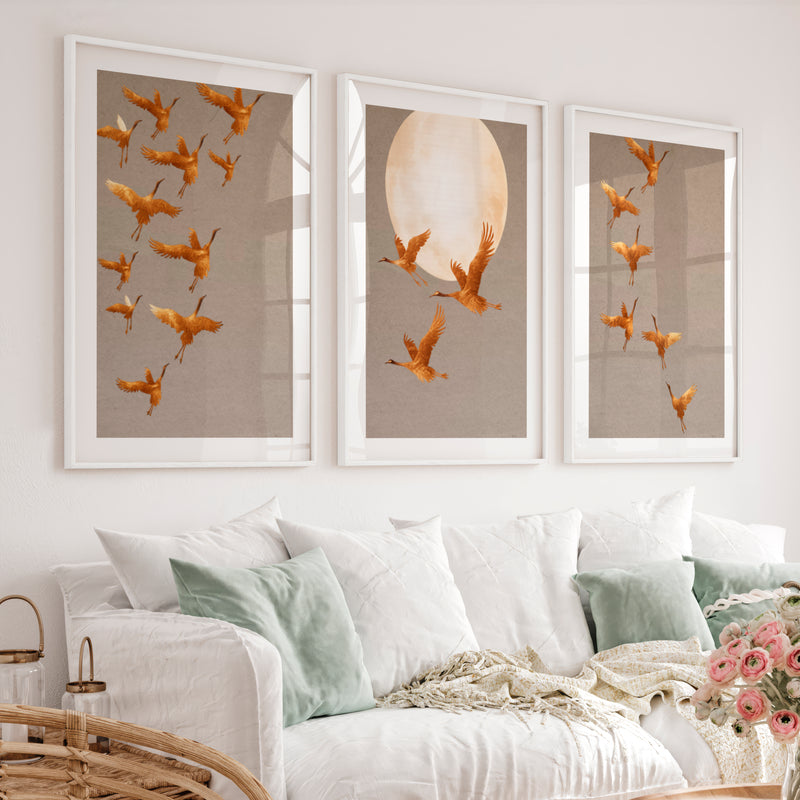 Golden Crane Flight japandi wall decor - White Framed Poster with White Border - Artworksets