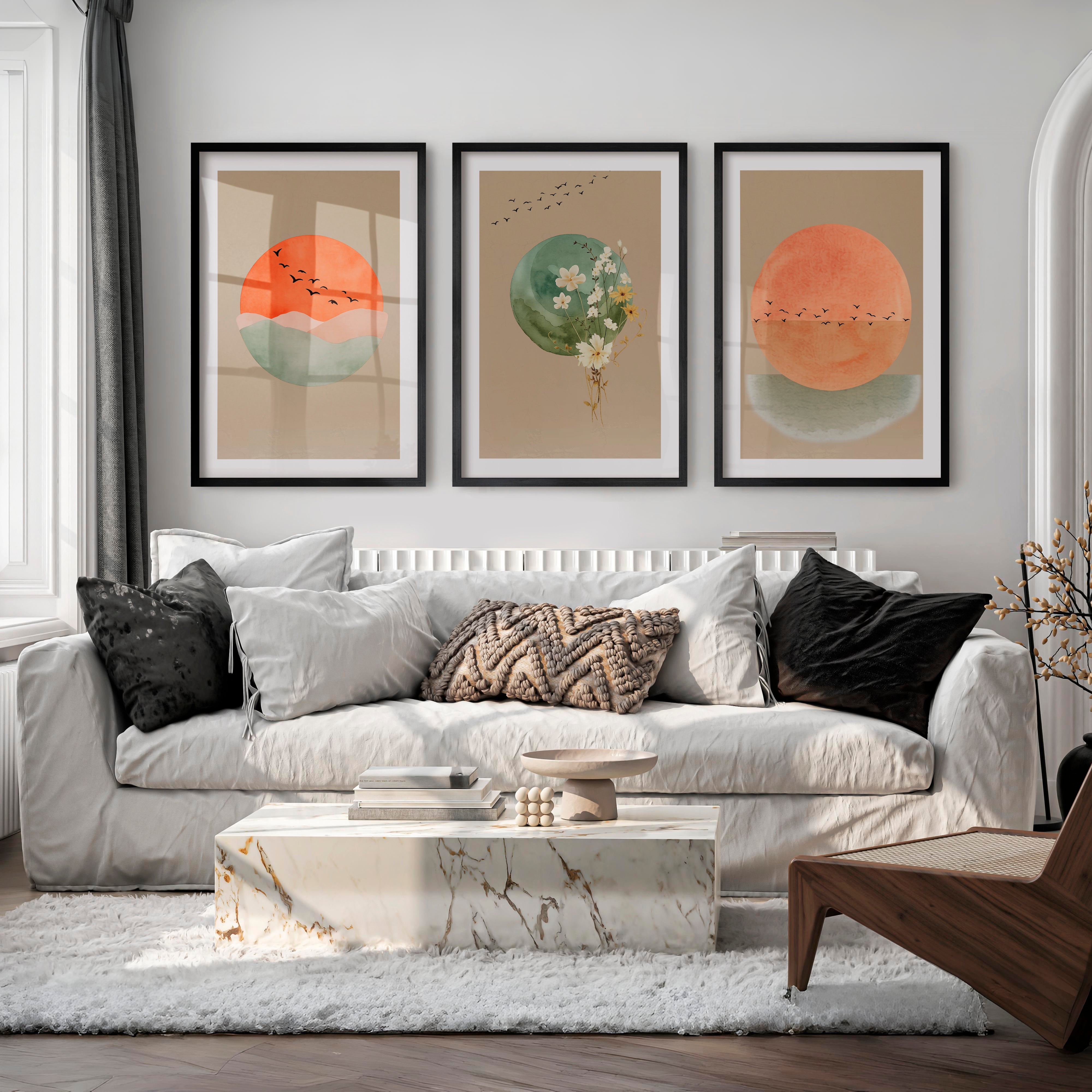 Sun and Wildflower japandi wall decor - Black Framed Poster with White Border - Artworksets