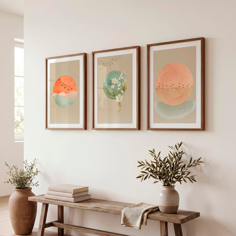 Sun and Wildflower japandi wall decor - Dark Brown Framed Poster with White Border - Artworksets