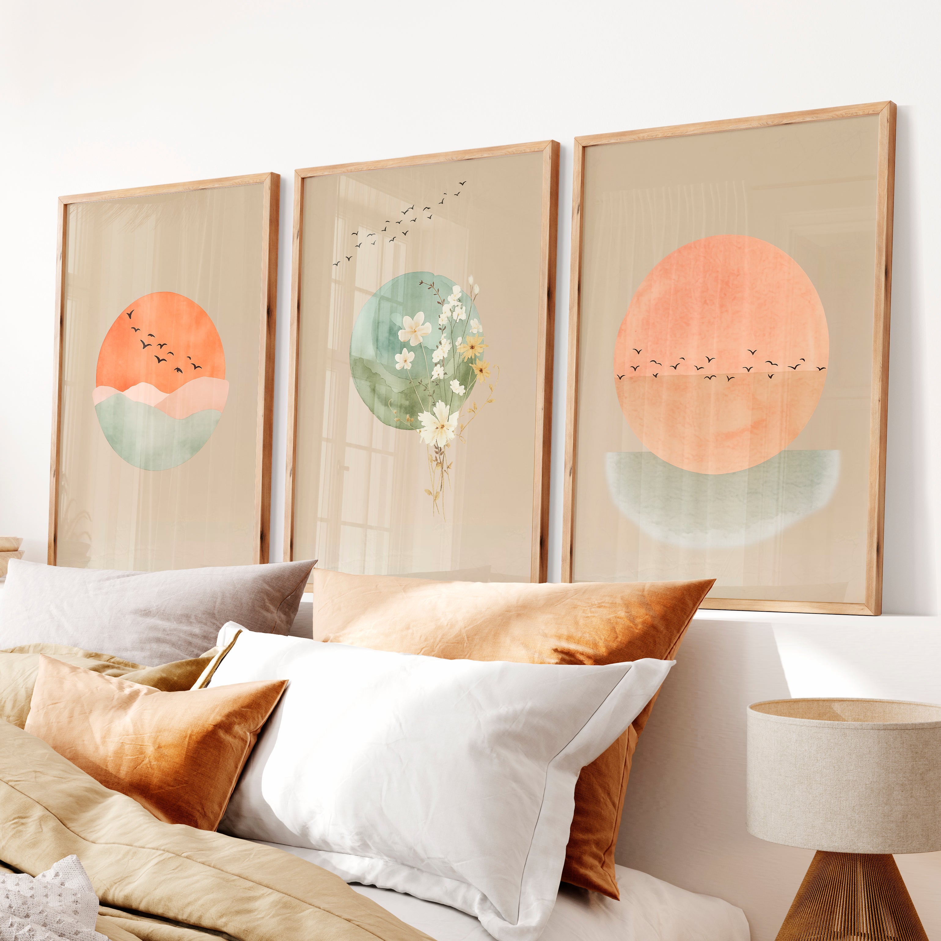Sun and Wildflower japandi wall decor - Natural Wood Framed Poster No Border - Artworksets