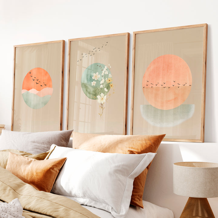 Sun and Wildflower japandi wall decor - Natural Wood Framed Poster No Border - Artworksets