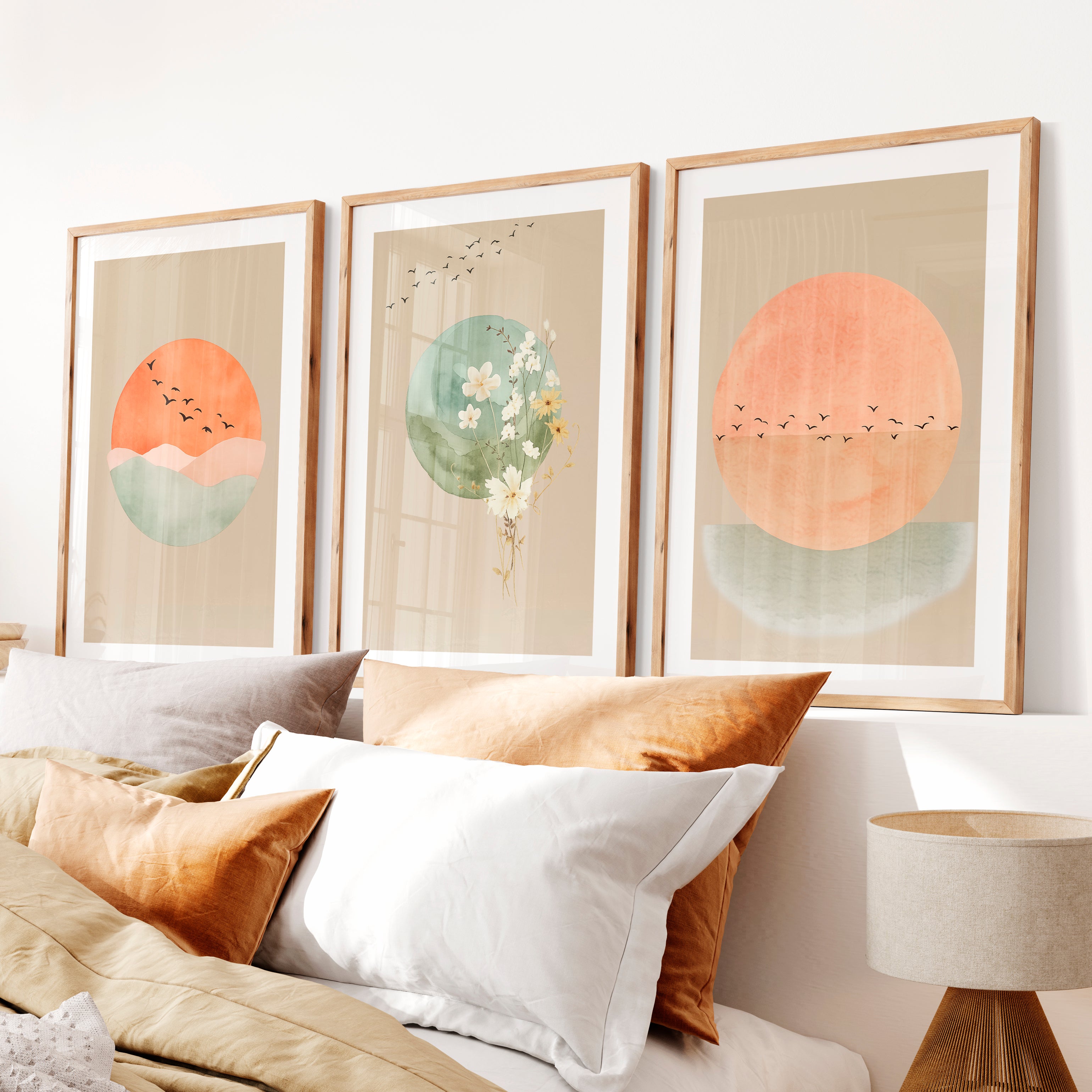 Sun and Wildflower japandi wall decor- Natural Wood Framed Poster with White Border - Artworksets