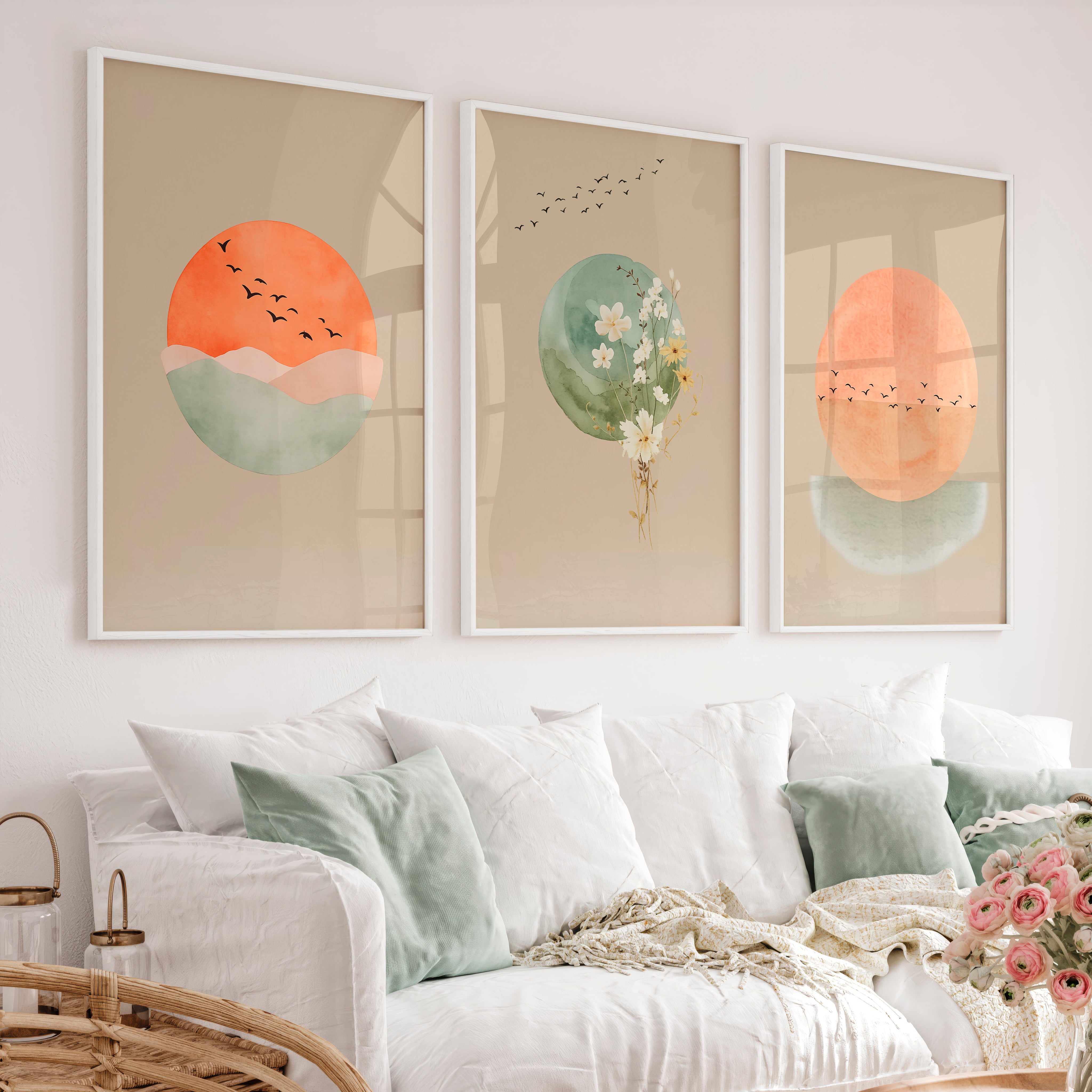 Sun and Wildflower japandi wall decor - White Framed Poster No Border - Artworksets