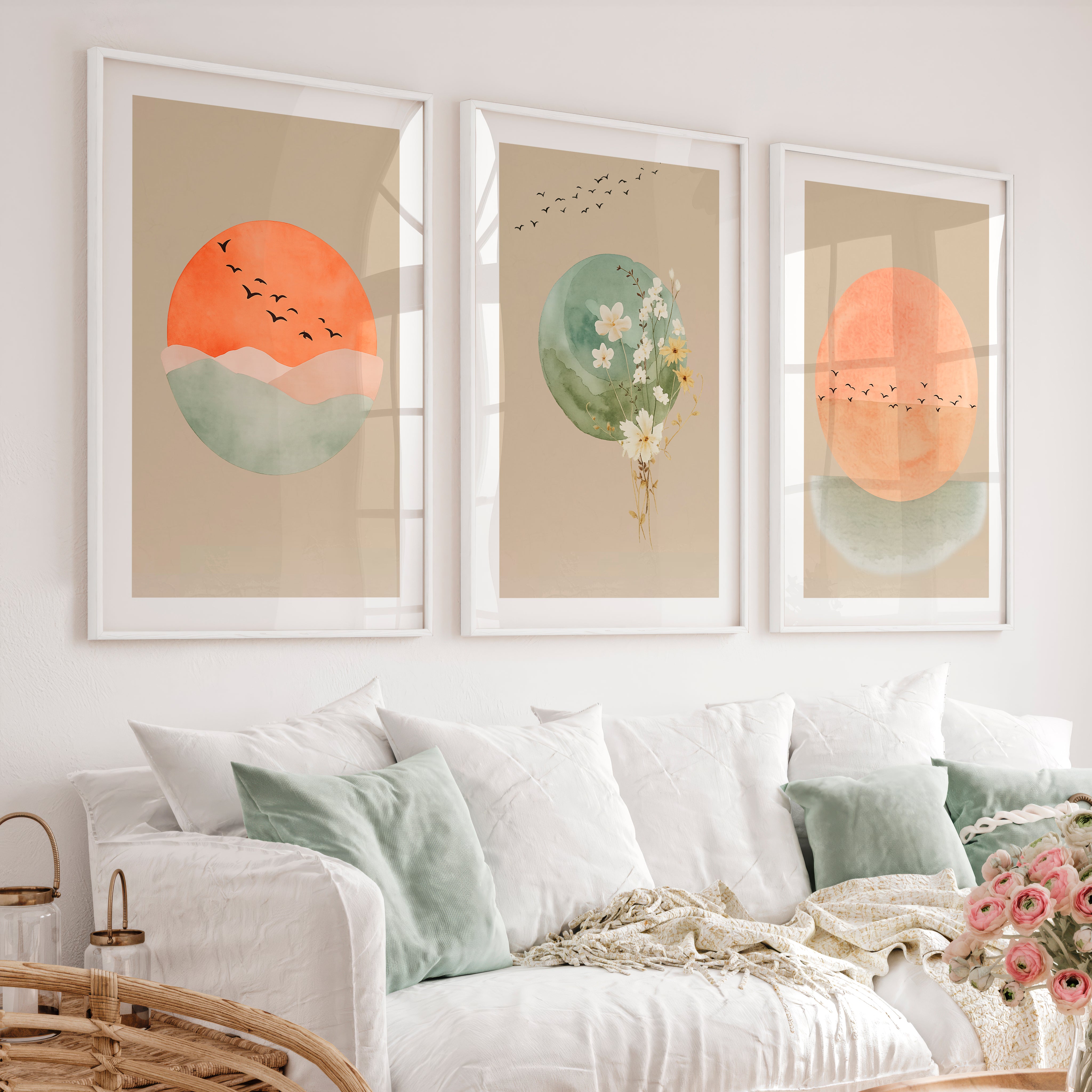 Sun and Wildflower japandi wall decor - White Framed Poster with White Border - Artworksets