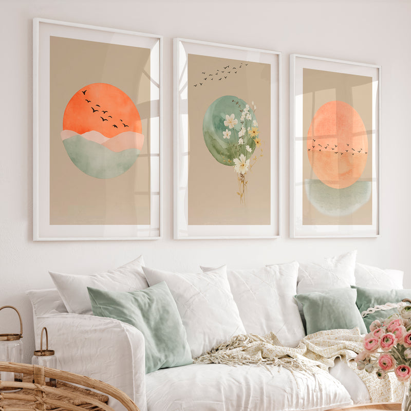 Sun and Wildflower japandi wall decor - White Framed Poster with White Border - Artworksets