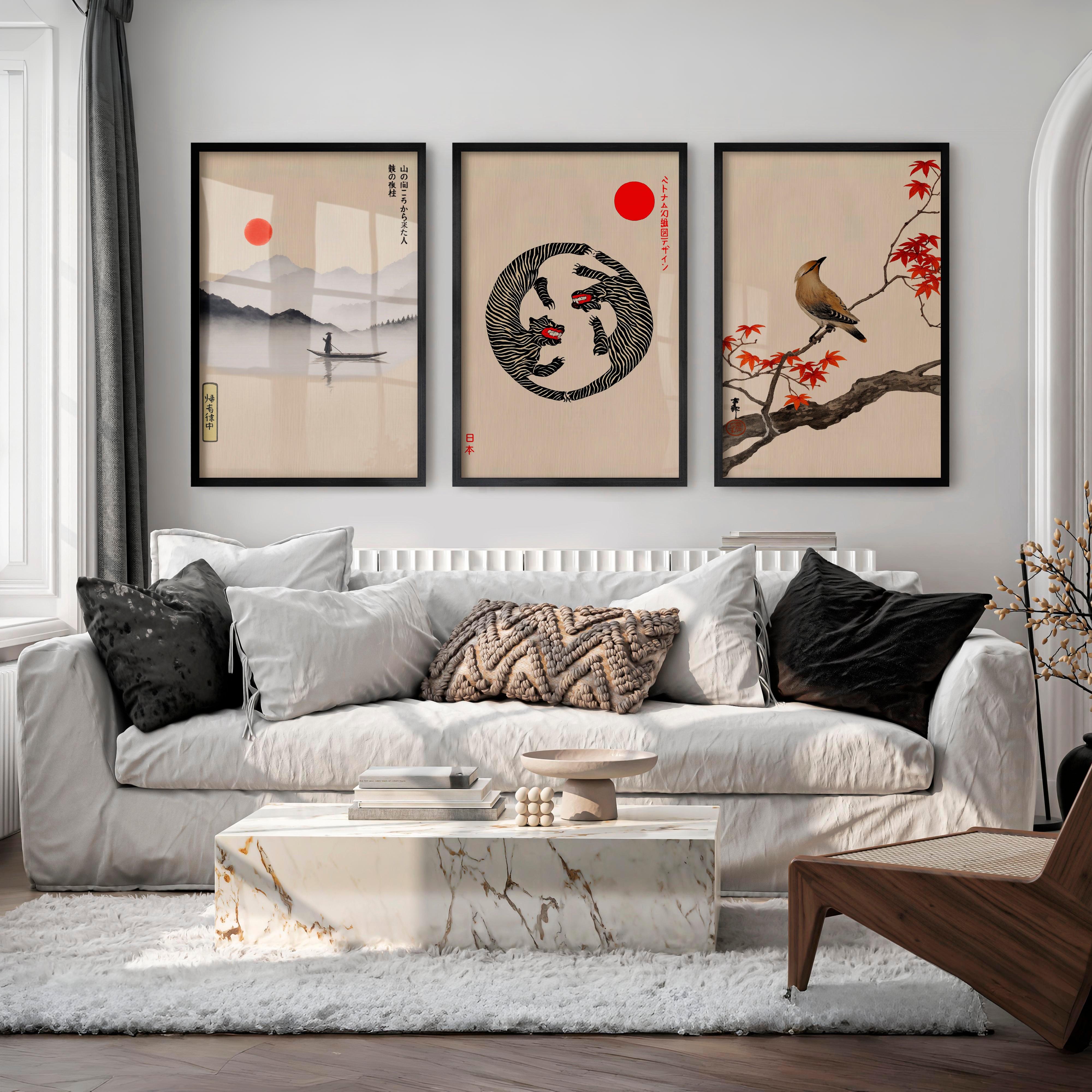 Twin Tigers Triptych for japandi wall decor - Black Framed Poster No Border - Artworksets