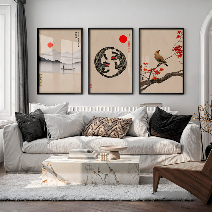 Twin Tigers Triptych for japandi wall decor - Black Framed Poster No Border - Artworksets