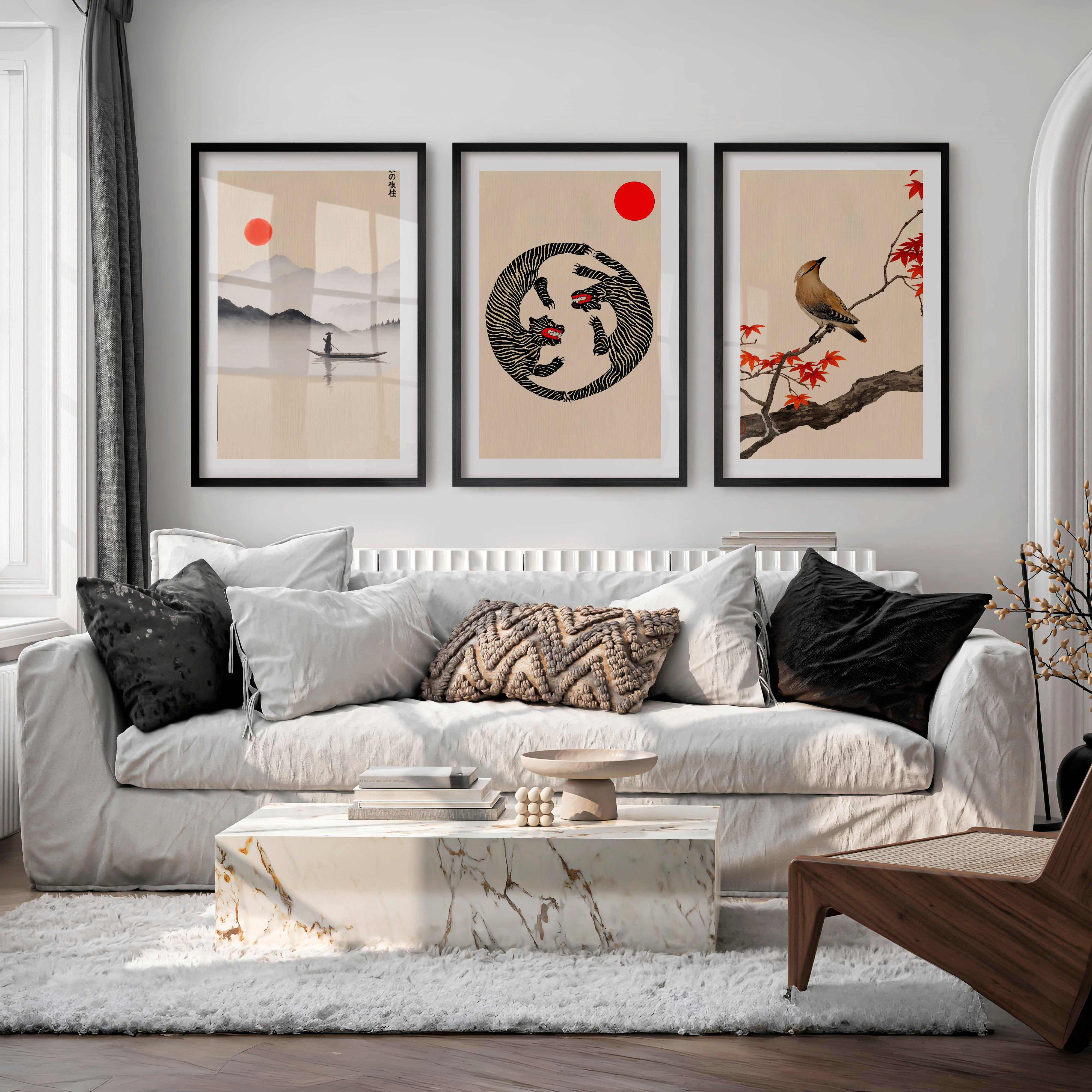 Twin Tigers Triptych for japandi wall decor - Black Framed Poster with White Border - Artworksets