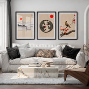 Twin Tigers Triptych for japandi wall decor - Black Framed Poster with White Border - Artworksets