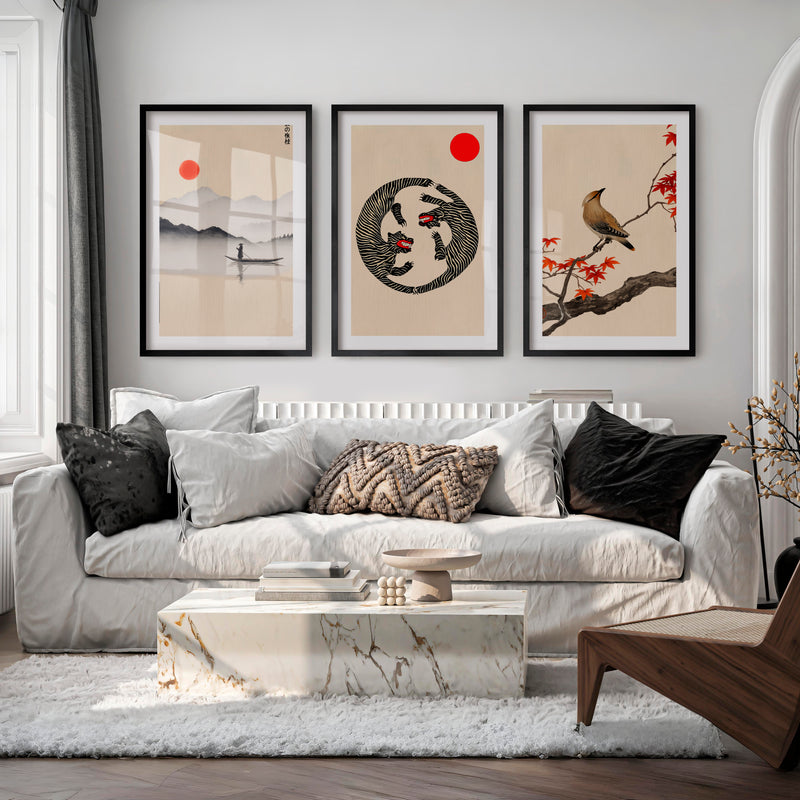 Twin Tigers Triptych for japandi wall decor - Black Framed Poster with White Border - Artworksets