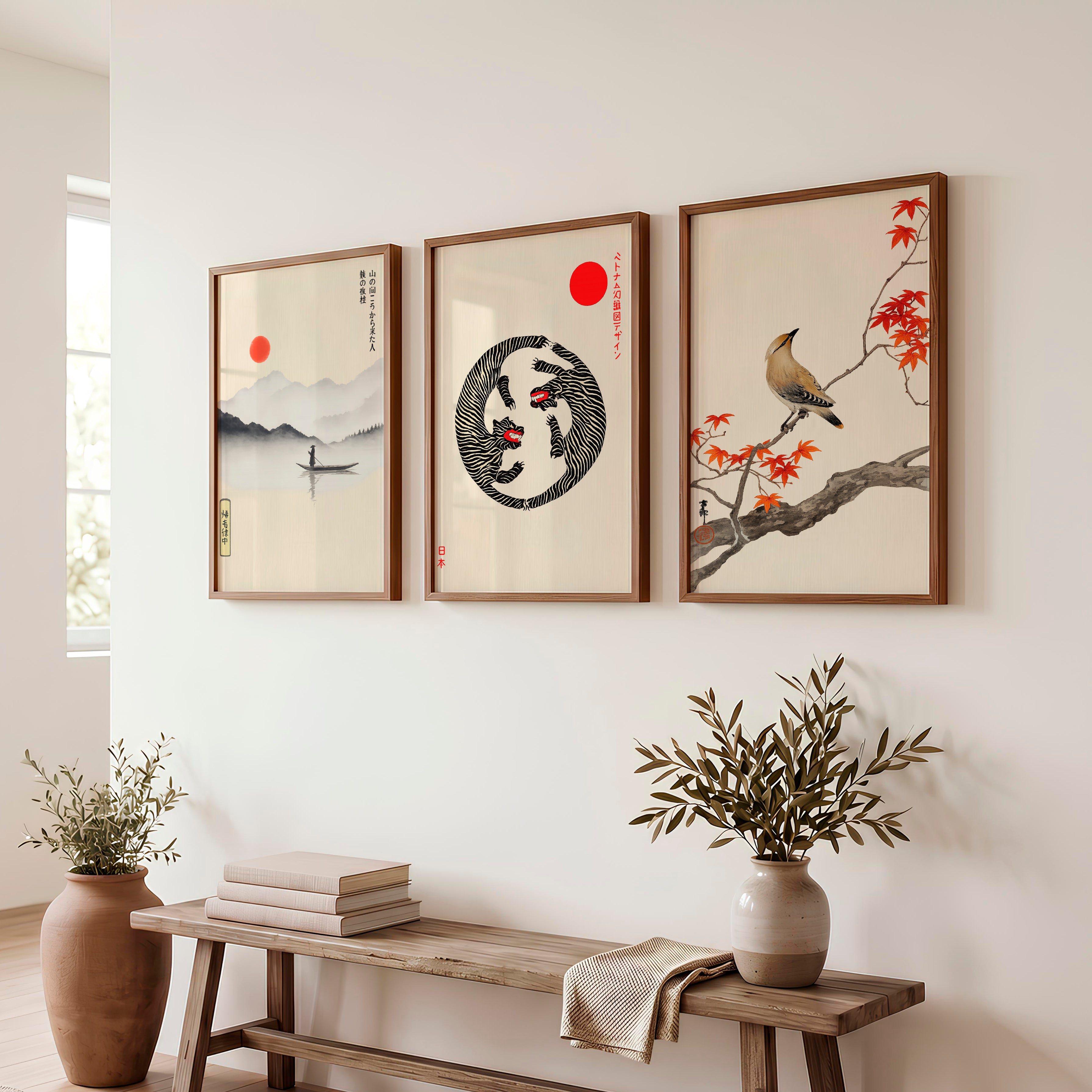 Twin Tigers Triptych for japandi wall decor - Dark Brown Framed Poster No Border - Artworksets