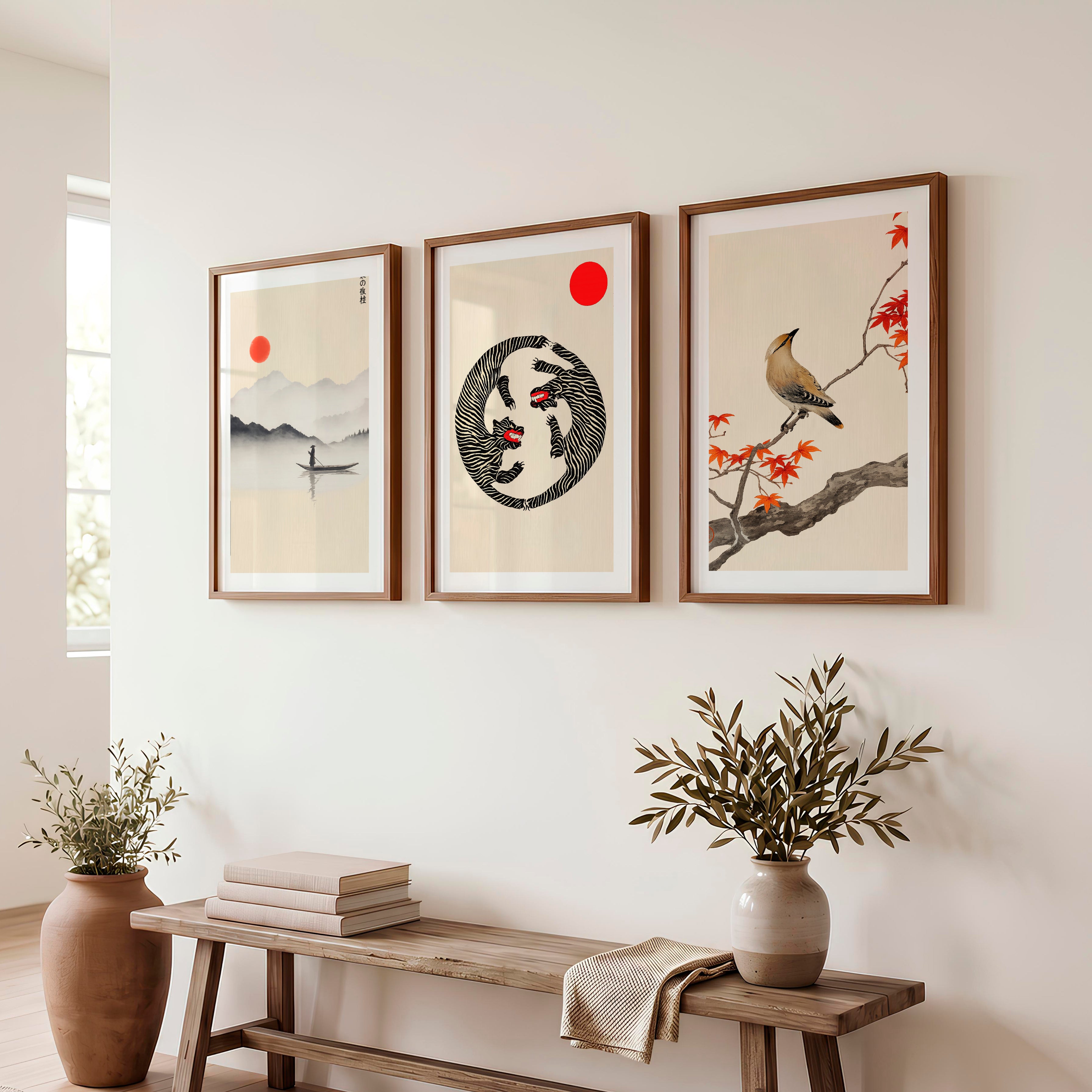 Twin Tigers Triptych for japandi wall decor - Dark Brown Framed Poster with White Border - Artworksets